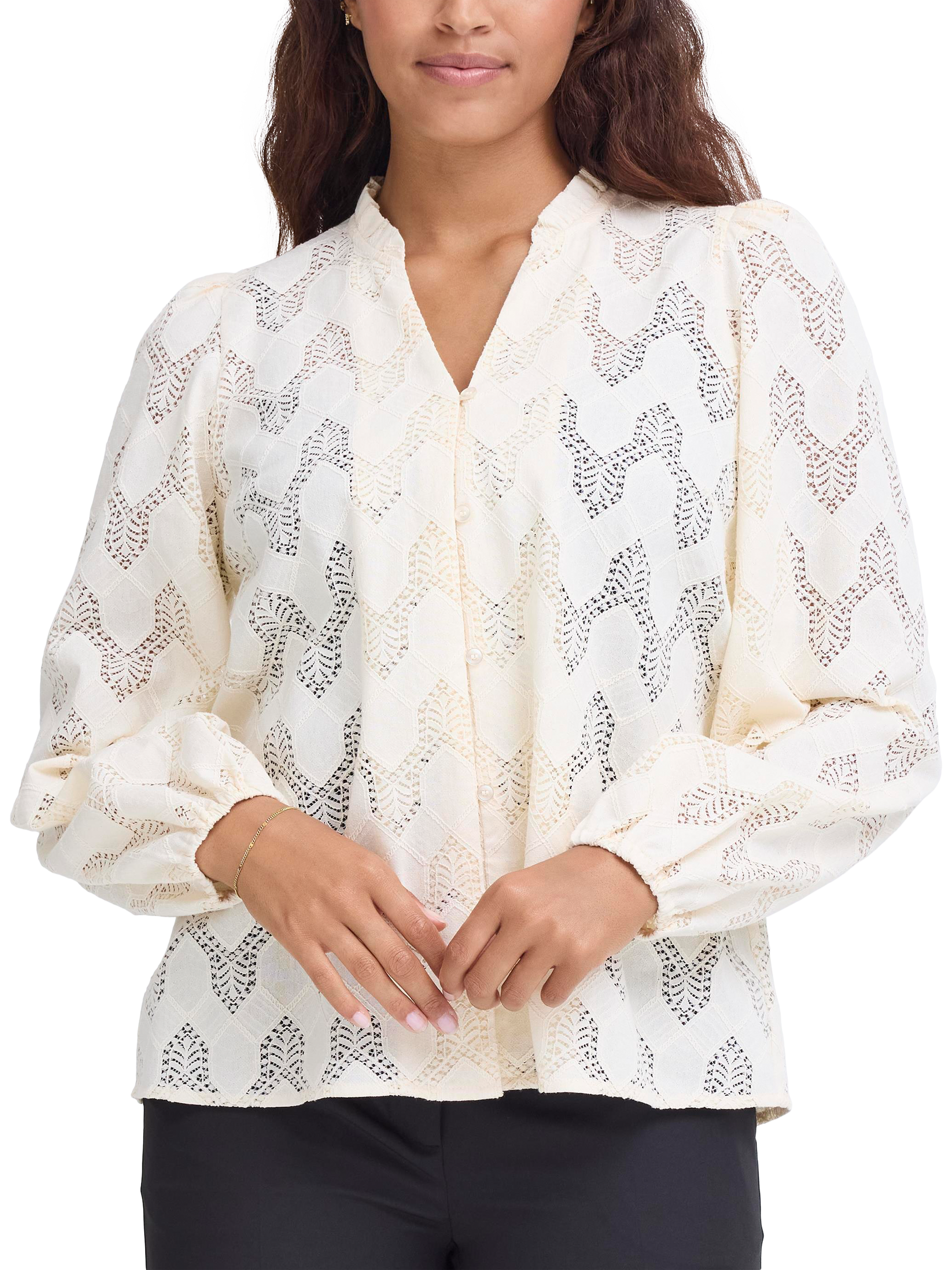 Product image 1 of 7, which shows ICHI Junela Cotton Blend Long Sleeve V Neck Blouse, Birch, 8