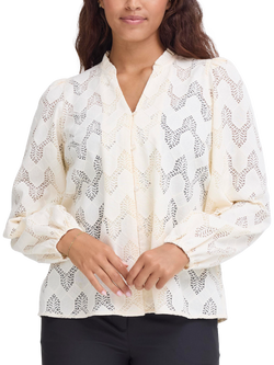 ICHI Junela Cotton Blend Long Sleeve V Neck Blouse, Birch