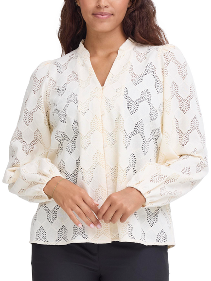 ICHI Junela Cotton Blend Long Sleeve V Neck Blouse, Birch