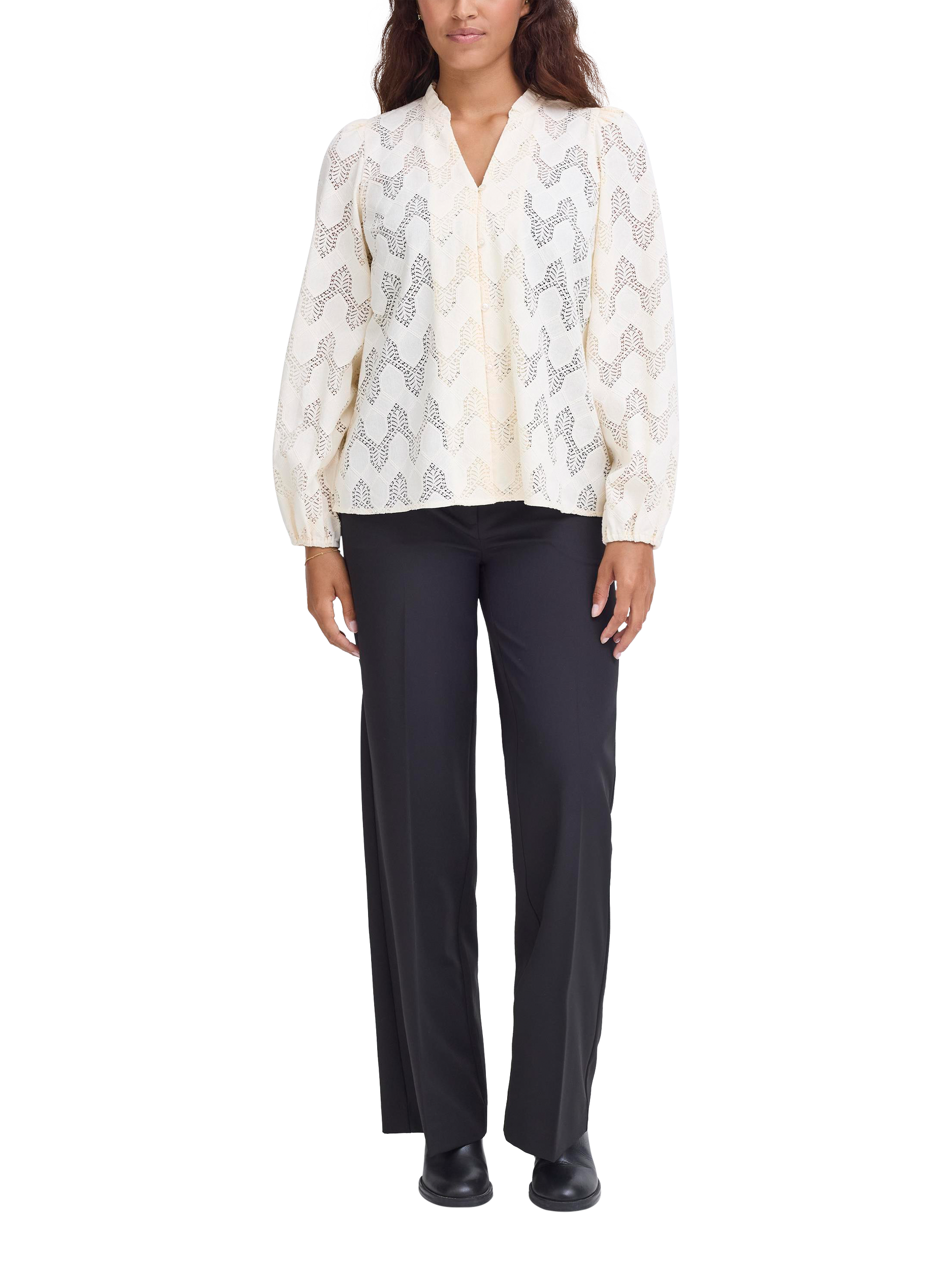 Product image 3 of 7, which shows ICHI Junela Cotton Blend Long Sleeve V Neck Blouse, Birch, 8