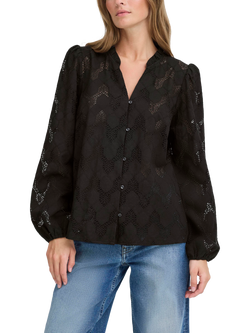 ICHI Junela Cotton Blend Long Sleeve V Neck Blouse, Black