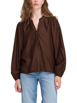ICHI Karlani Long Sleeve V Neck Blouse, Coffee Bean