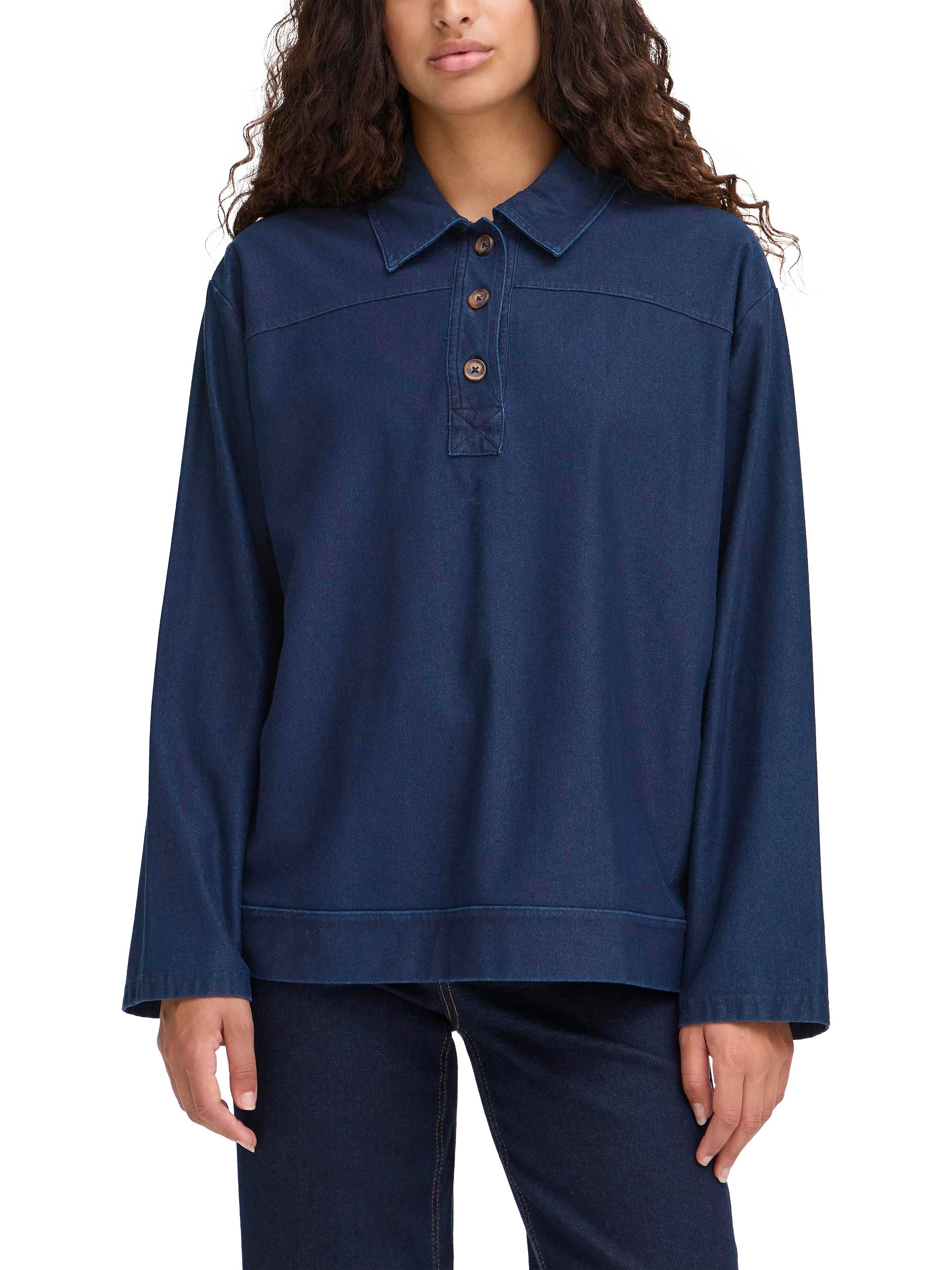 Product image 1 of 7, which shows ICHI Kate Cotton Blend Long Sleeve Collar Blouse, Dark Blue, XS