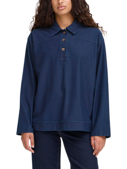 ICHI Kate Cotton Blend Long Sleeve Collar Blouse, Dark Blue