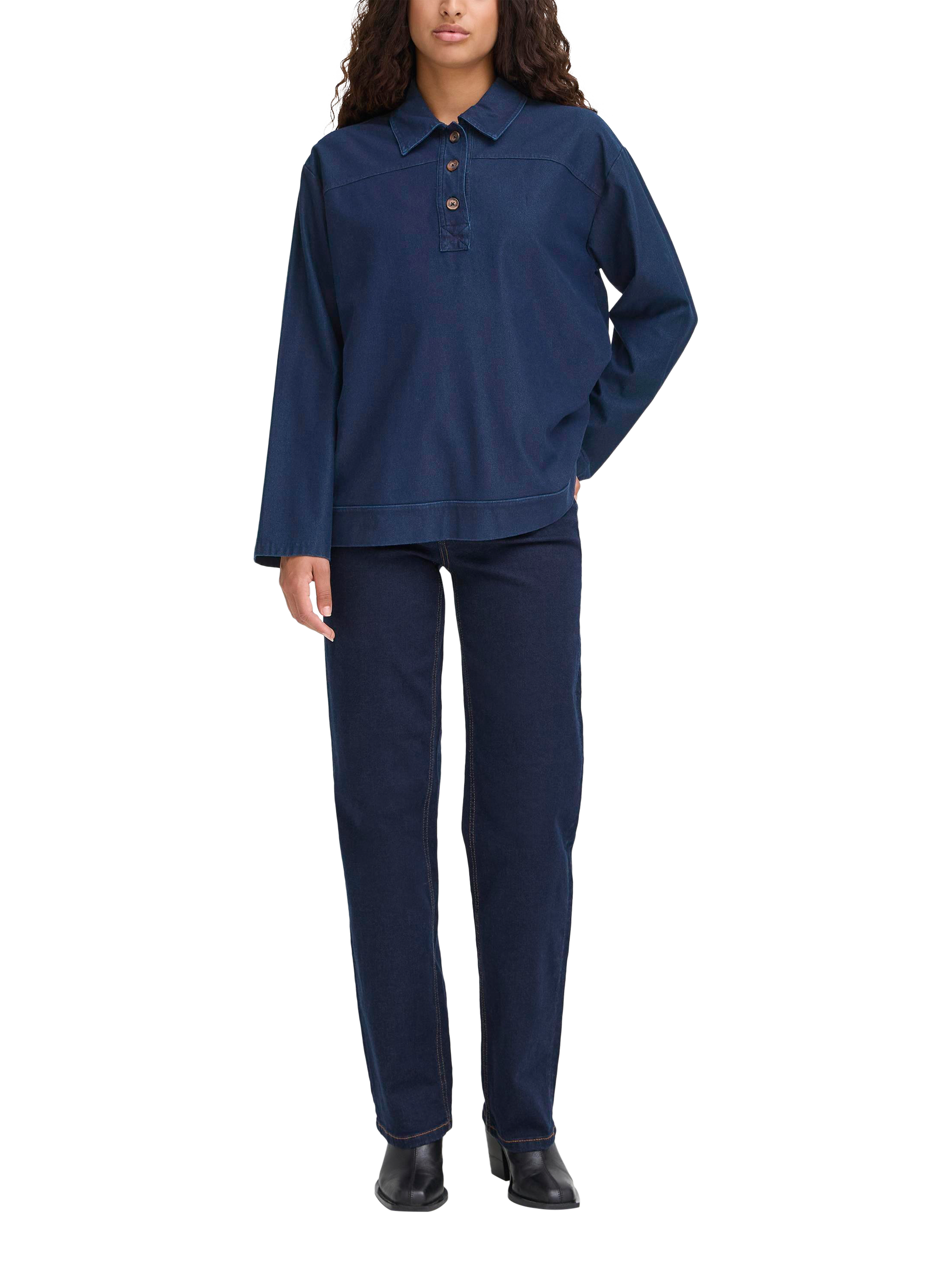 Product image 3 of 7, which shows ICHI Kate Cotton Blend Long Sleeve Collar Blouse, Dark Blue, XS