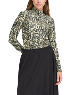 ICHI Lava Animal Print Long Sleeve High Neck Blouse, Green/Multi
