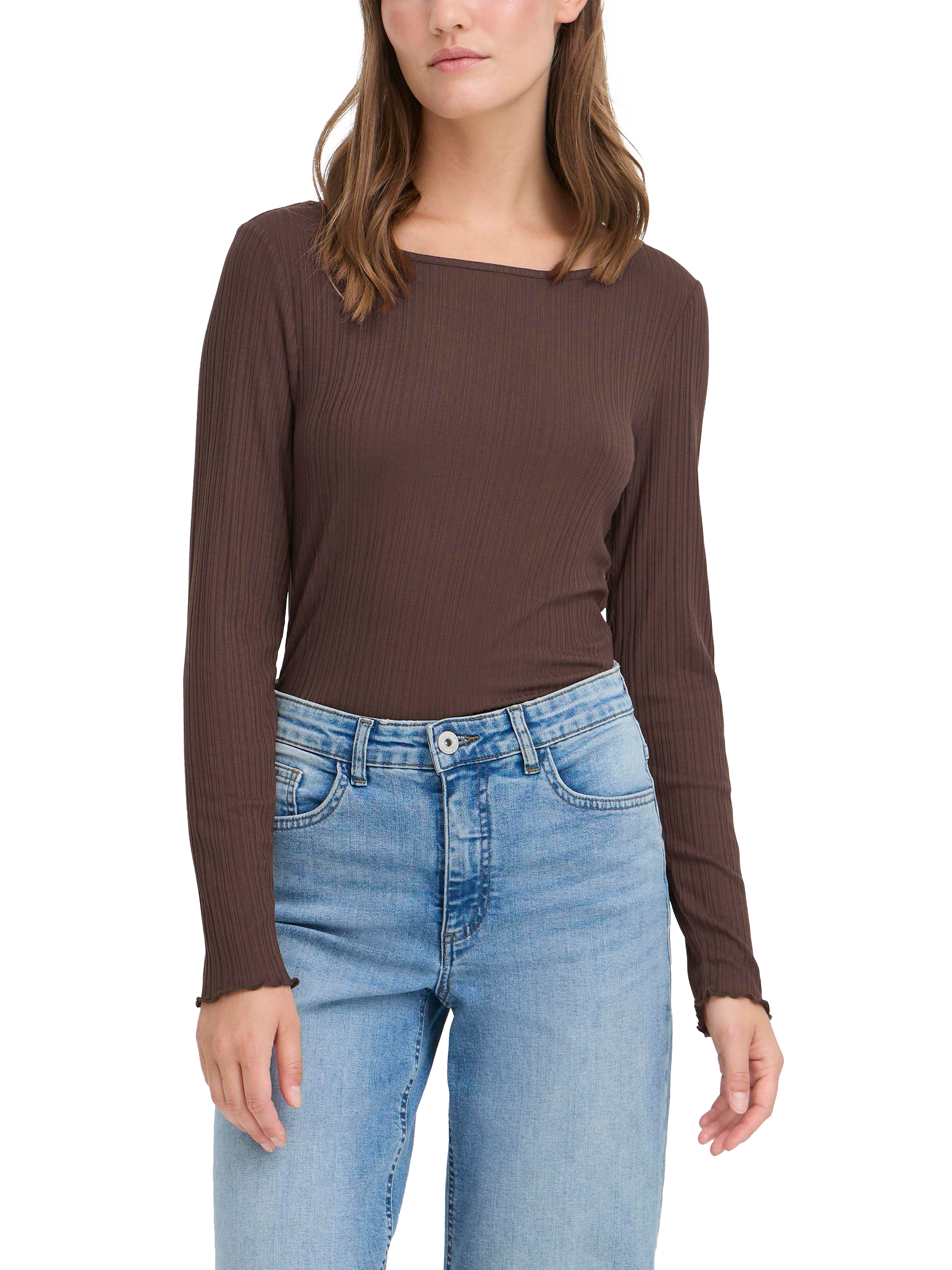 Product image 1 of 7, which shows ICHI Cella Lonng Sleeve Scoop Neck Top, Coffee Bean, XS