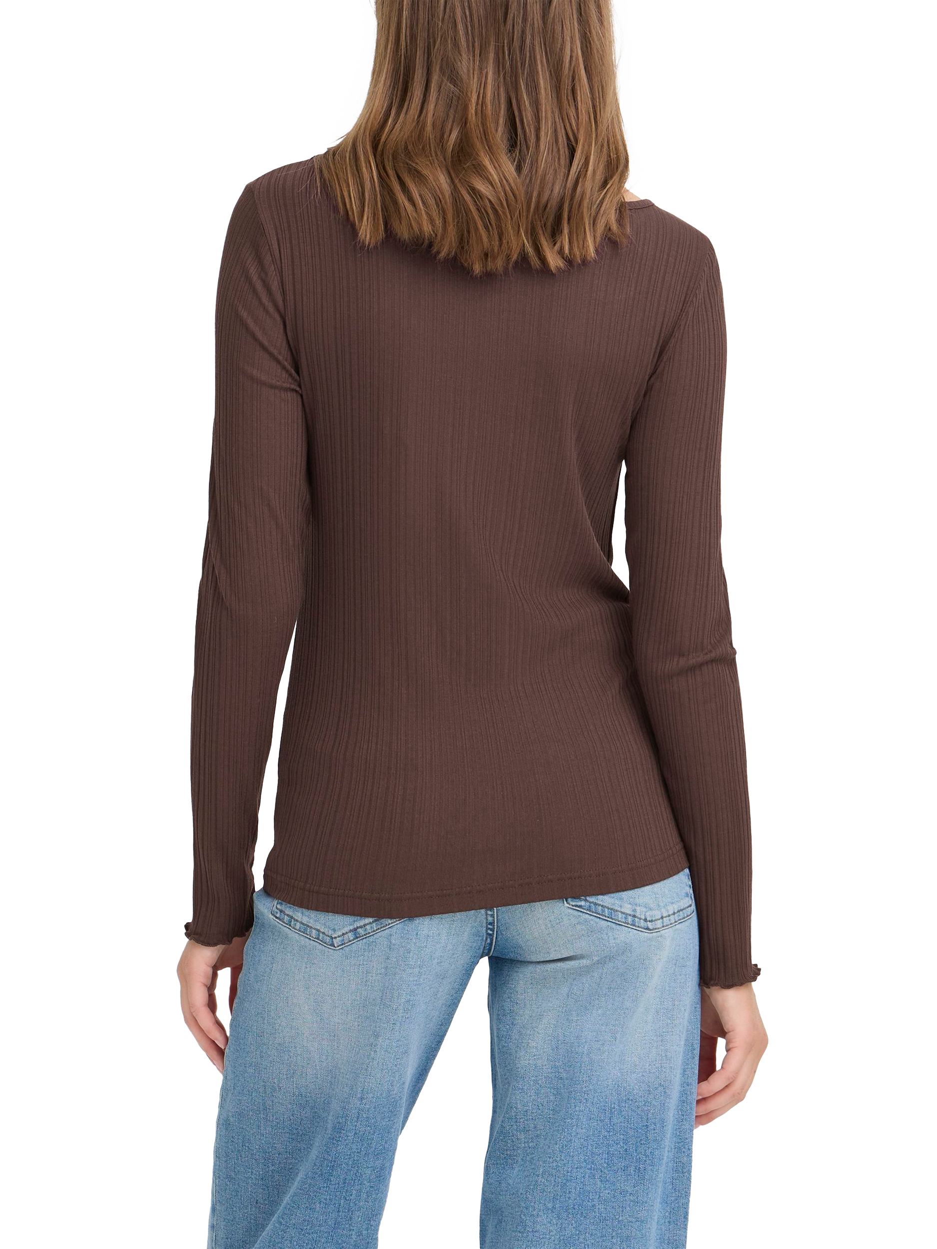 Product image 2 of 7, which shows ICHI Cella Lonng Sleeve Scoop Neck Top, Coffee Bean, XS