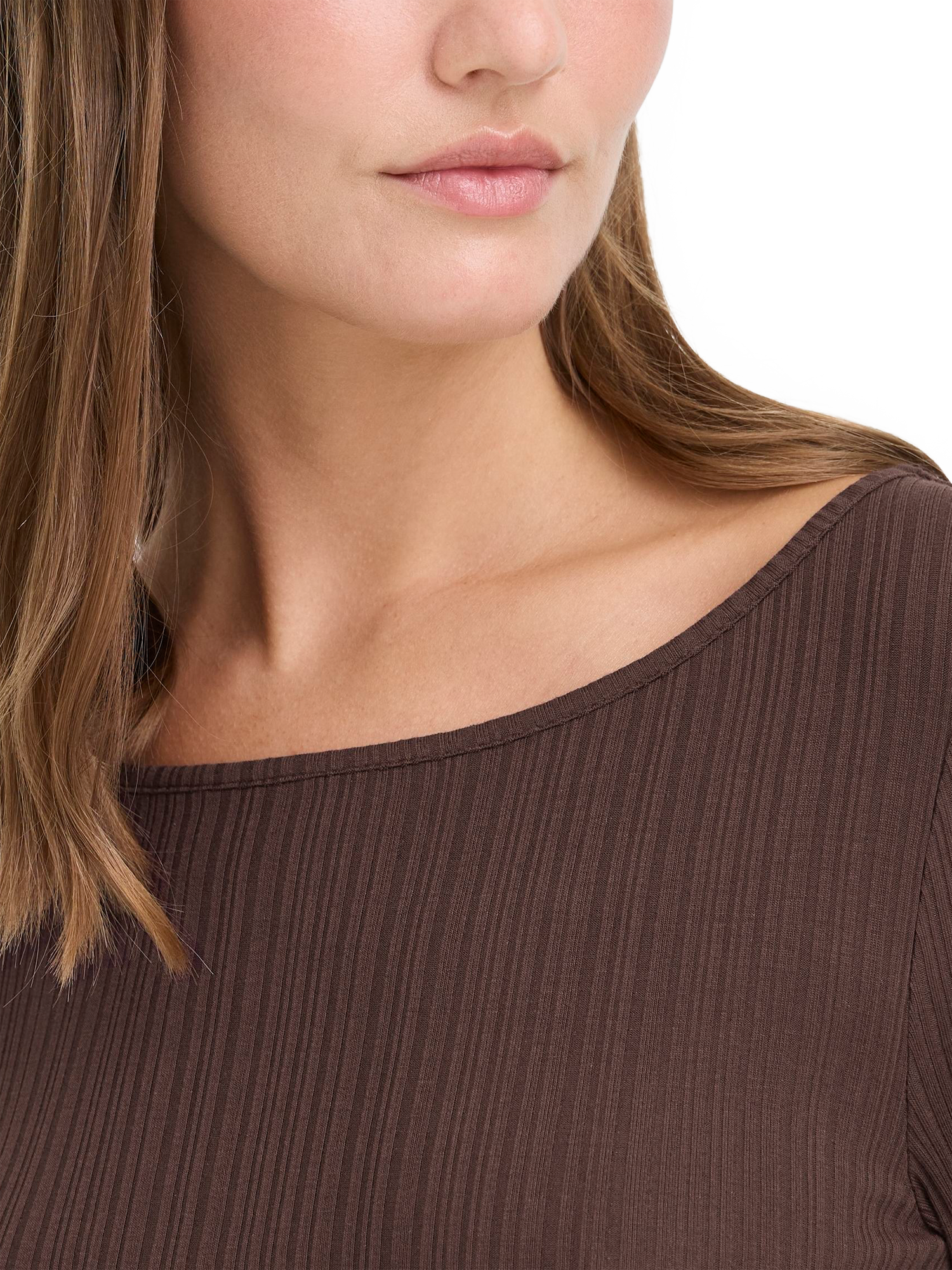Product image 4 of 7, which shows ICHI Cella Lonng Sleeve Scoop Neck Top, Coffee Bean, XS