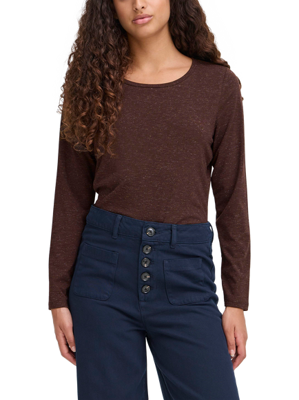 ICHI Rebel Long Sleeve Round Neck Top, Coffee Bean