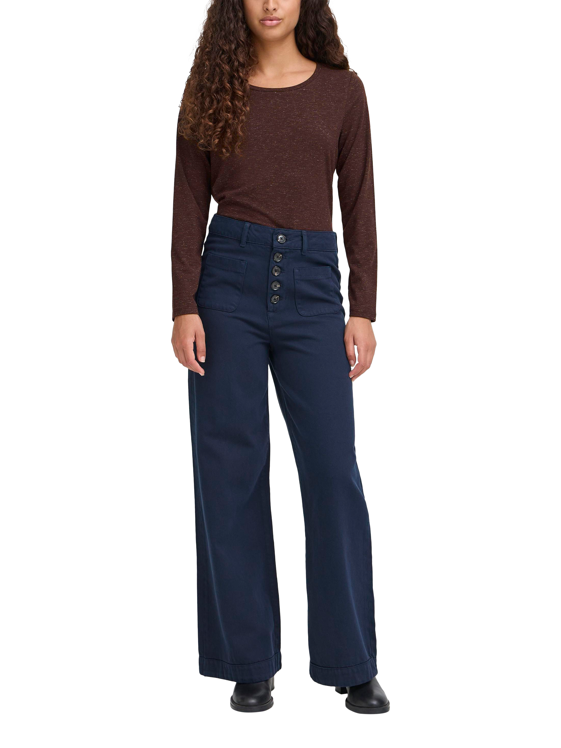 Product image 3 of 6, which shows ICHI Rebel Long Sleeve Round Neck Top, Coffee Bean, XS