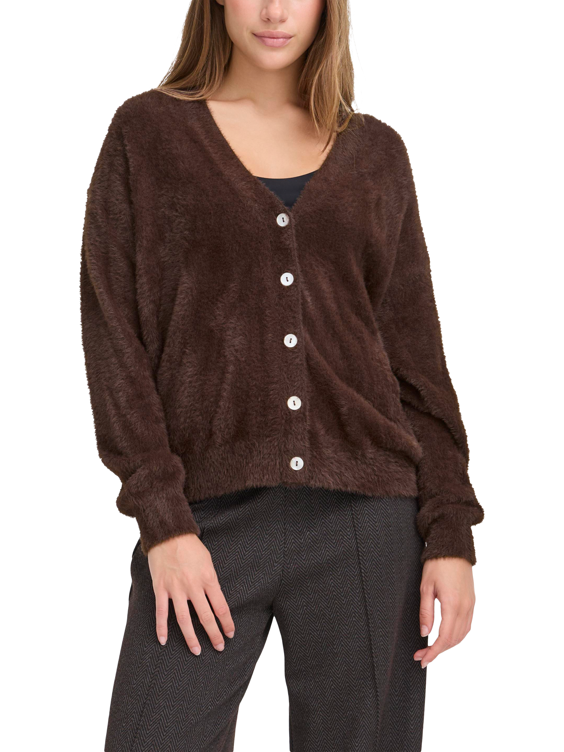 Product image 1 of 7, which shows ICHI Brula Long Sleeve V-Neck Cardigan , Coffee Bean, S