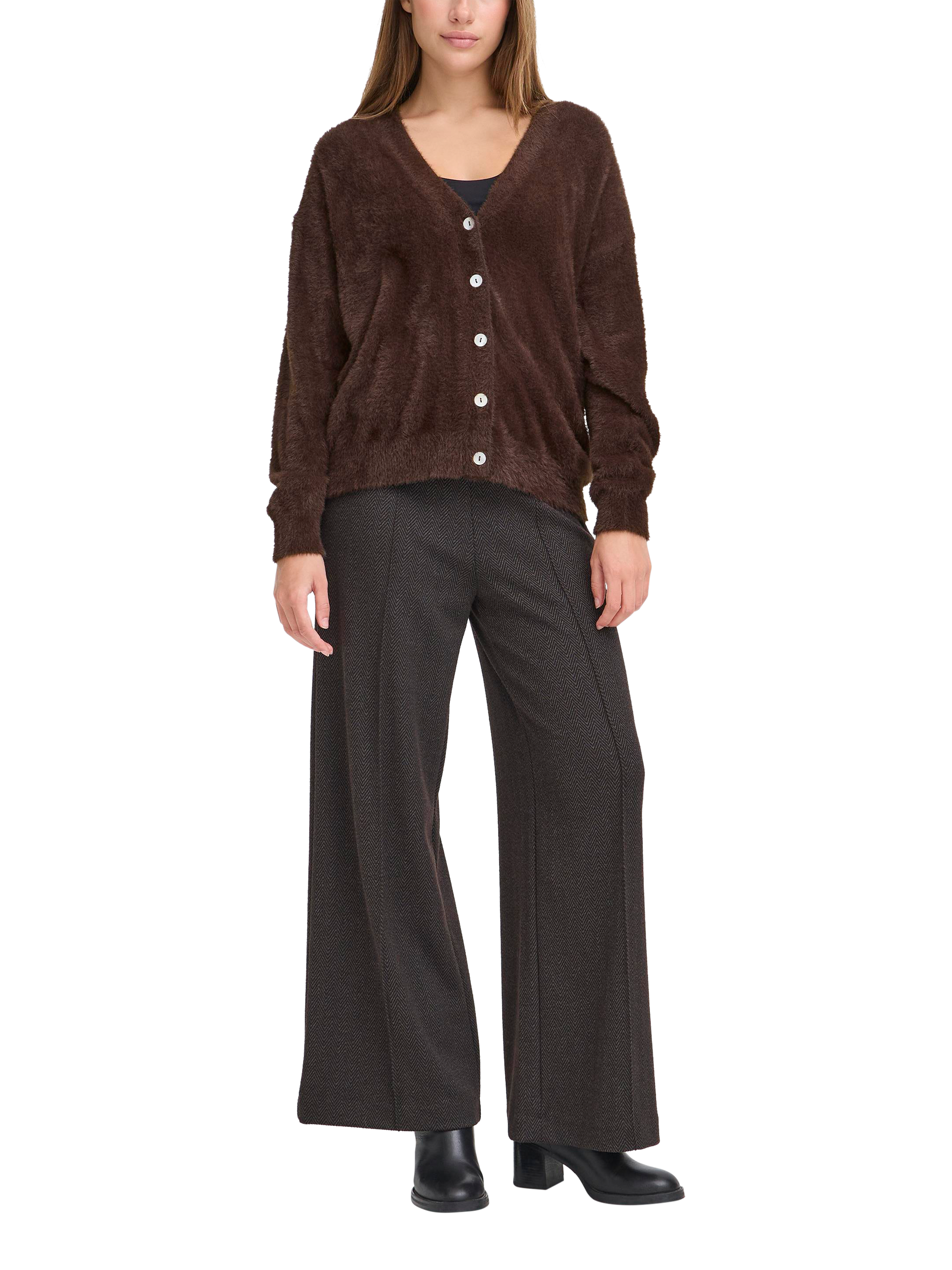 Product image 3 of 7, which shows ICHI Brula Long Sleeve V-Neck Cardigan , Coffee Bean, S