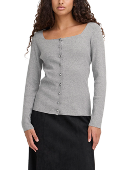ICHI Clarisa Long Sleeve Square Neck Cardigan, Grey Melange