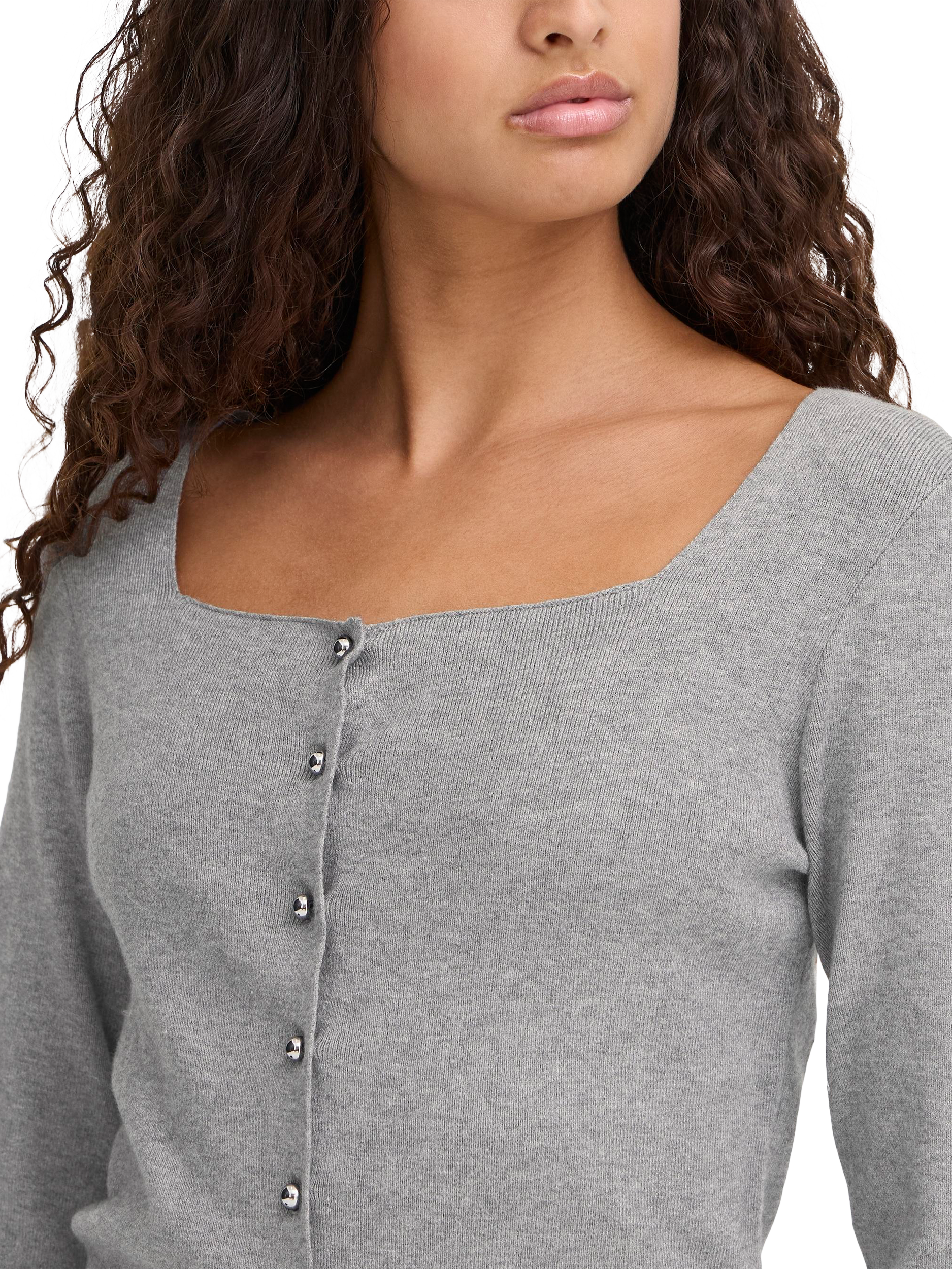 Product image 4 of 7, which shows ICHI Clarisa Long Sleeve Square Neck Cardigan , Grey Melange, XS