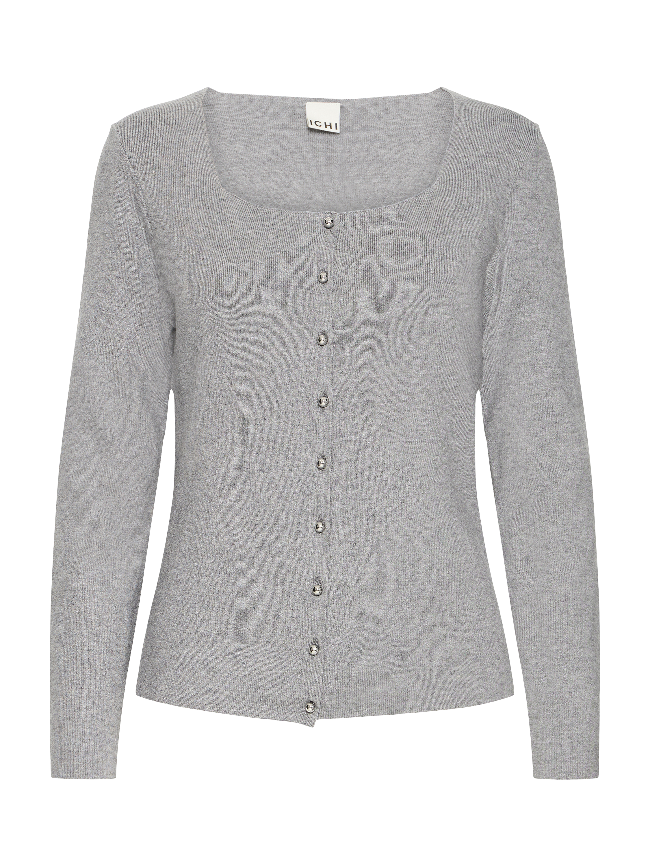 Product image 5 of 7, which shows ICHI Clarisa Long Sleeve Square Neck Cardigan , Grey Melange, XS