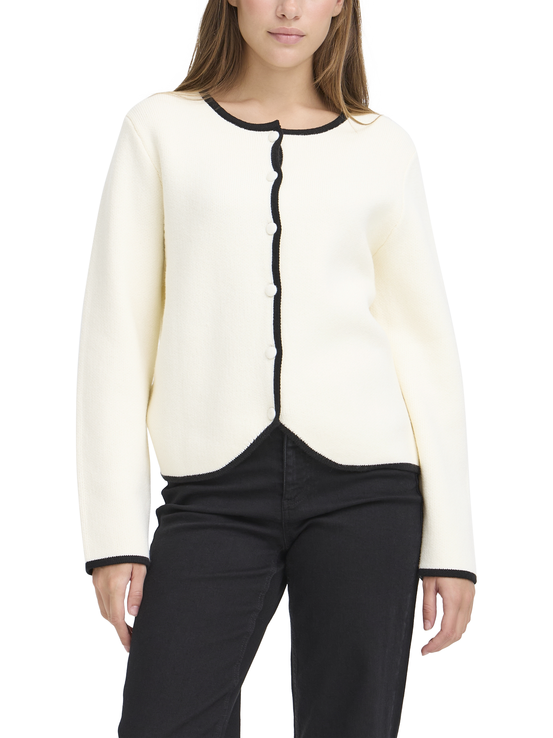 Product image 1 of 7, which shows ICHI Briac Riund Neck Long Sleeve Cardigan , Birch, XS