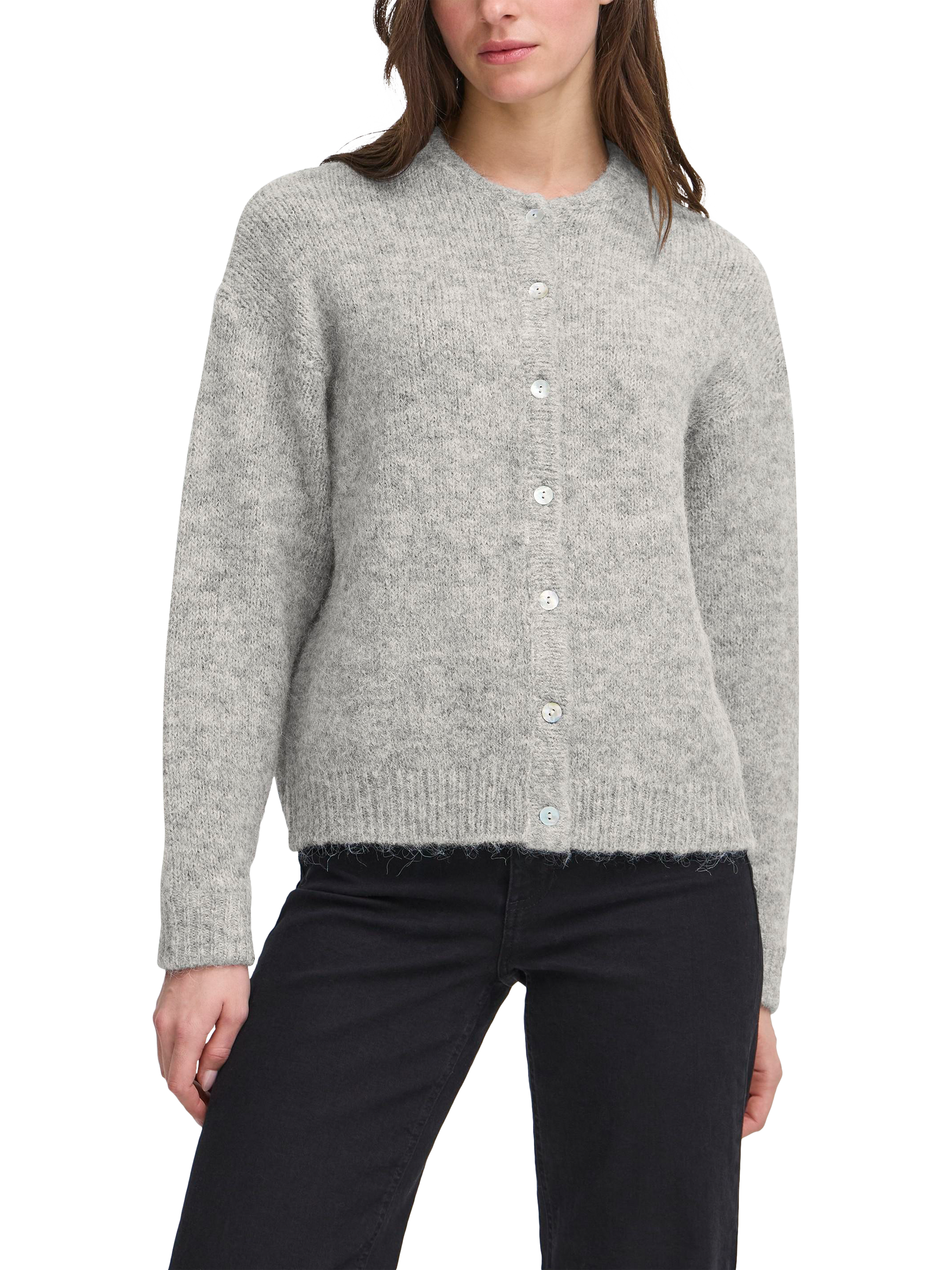 Product image 1 of 7, which shows ICHI Belablue Crew Neck Cardigan , Light Grey Melange, XS