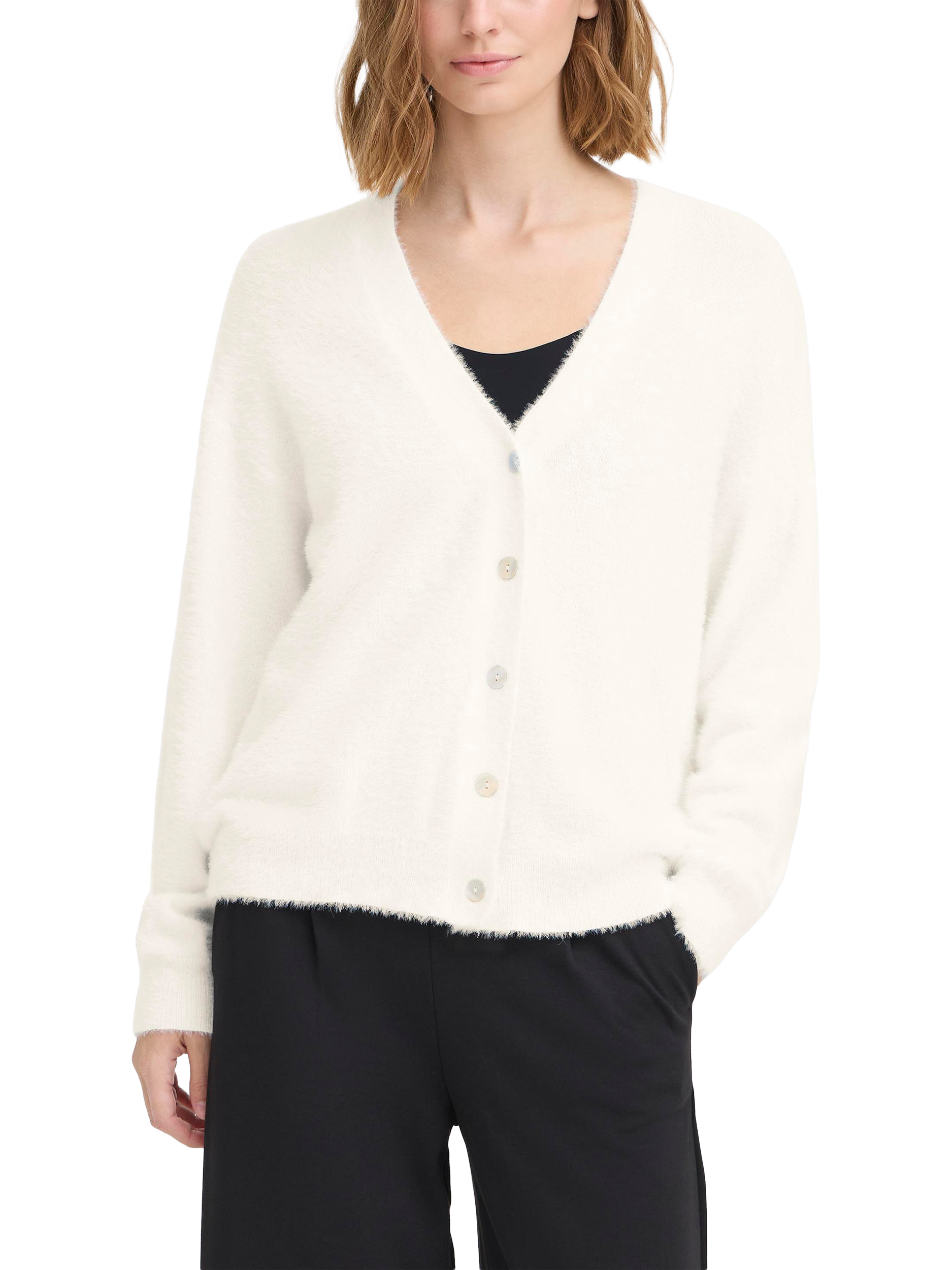 Product image 1 of 7, which shows ICHI Brula Long Sleeve V-Neck Cardigan , Cloud Dancer, XS