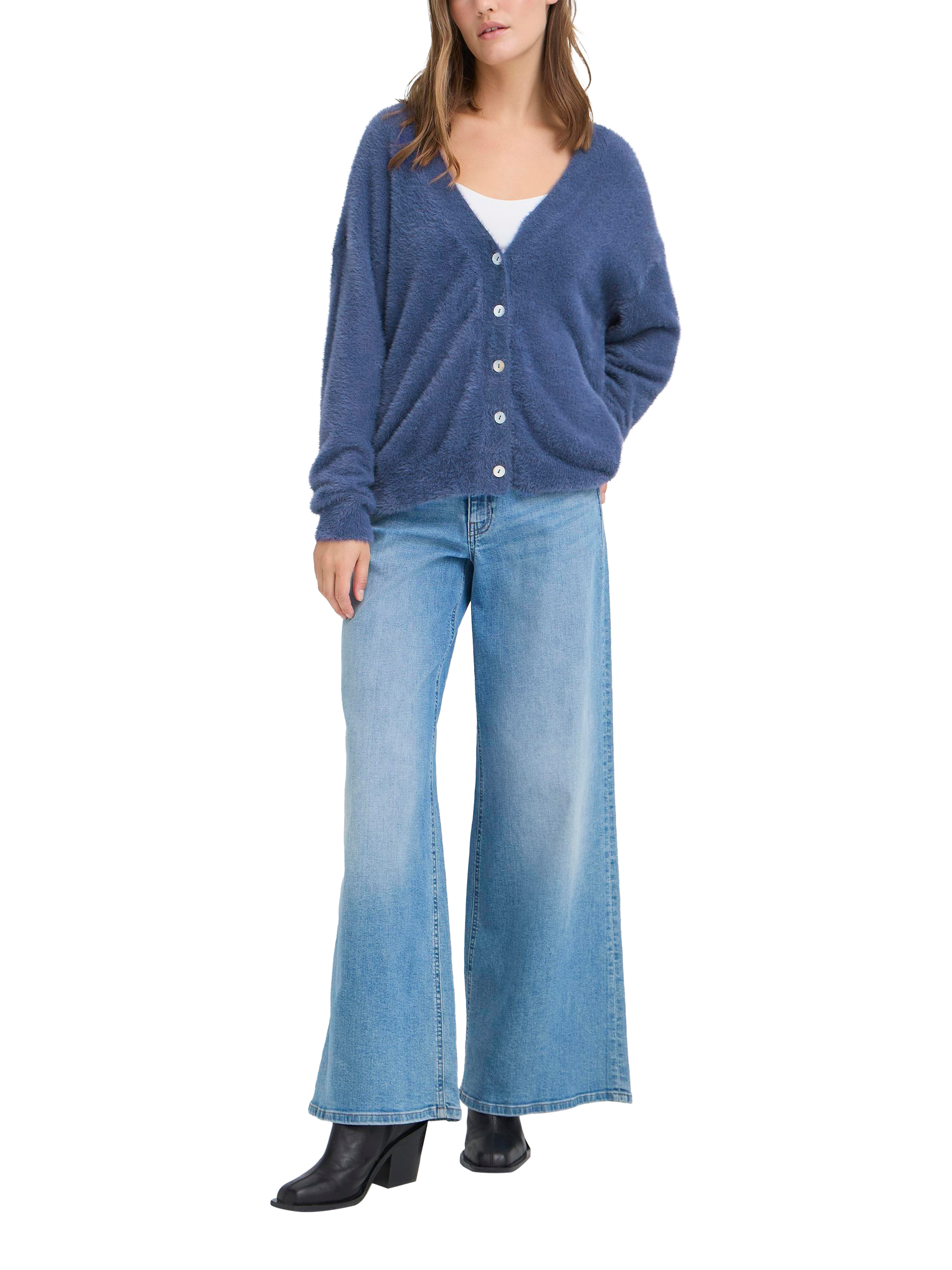 Product image 3 of 7, which shows ICHI Brula Long Sleeve V-Neck Cardigan , Navy Peony, XS