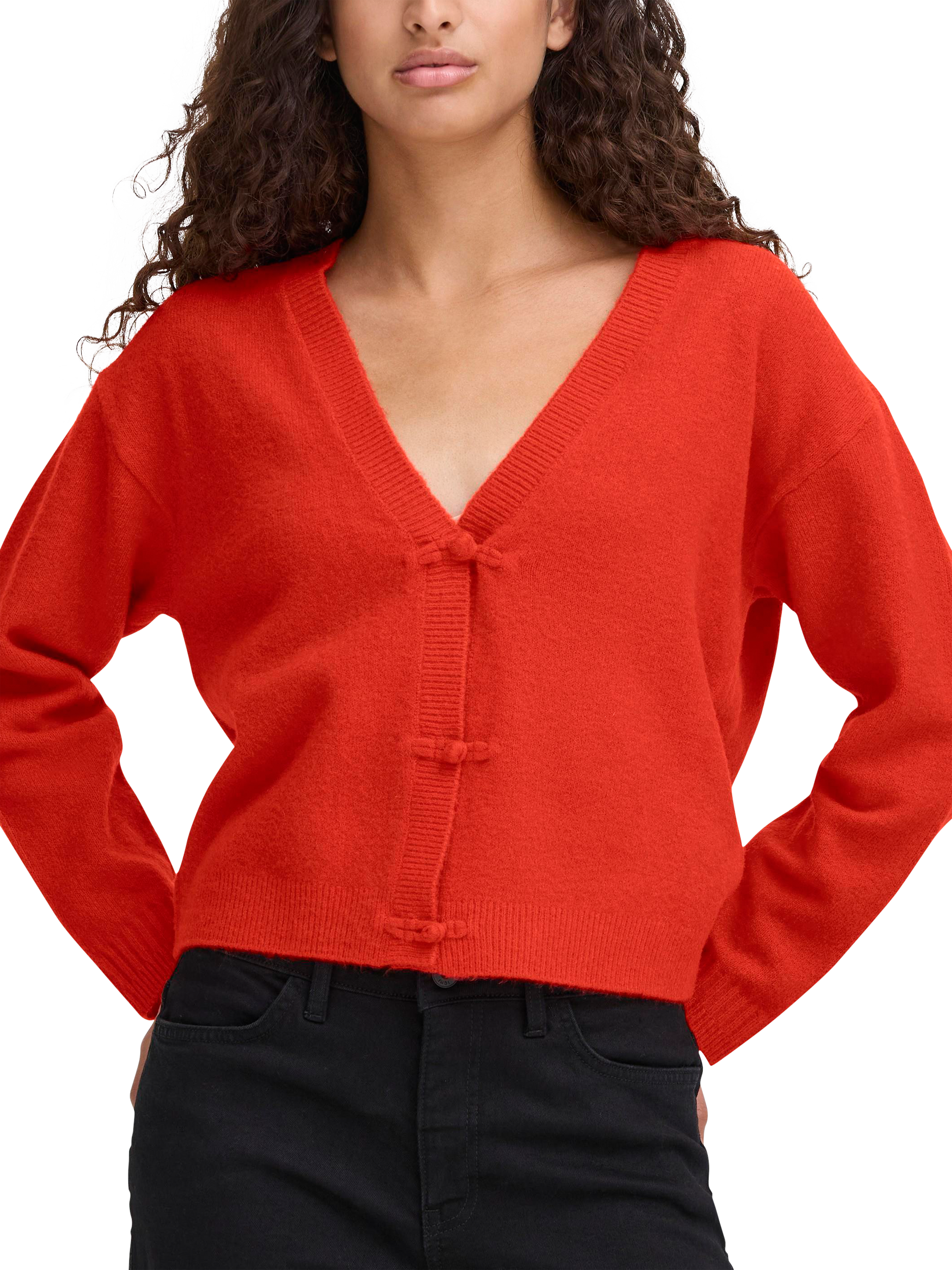 Product image 1 of 7, which shows ICHI Dasila Tie Front V-Neck Cardigan, Fiery Red, XS