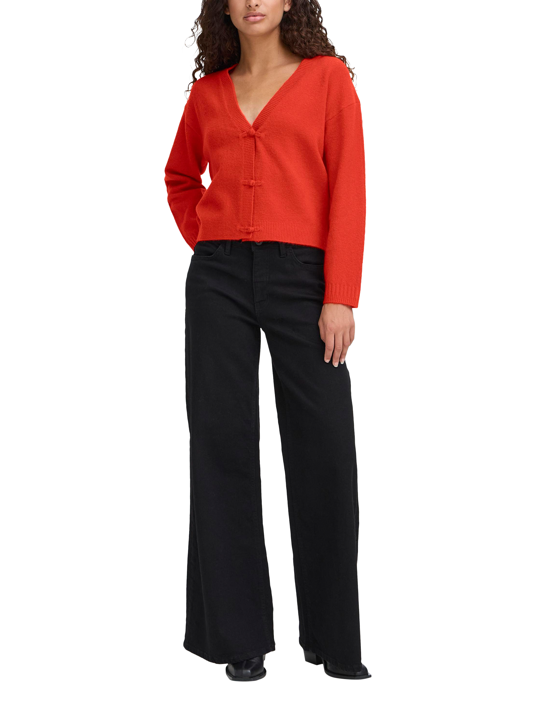 Product image 3 of 7, which shows ICHI Dasila Tie Front V-Neck Cardigan, Fiery Red, XS