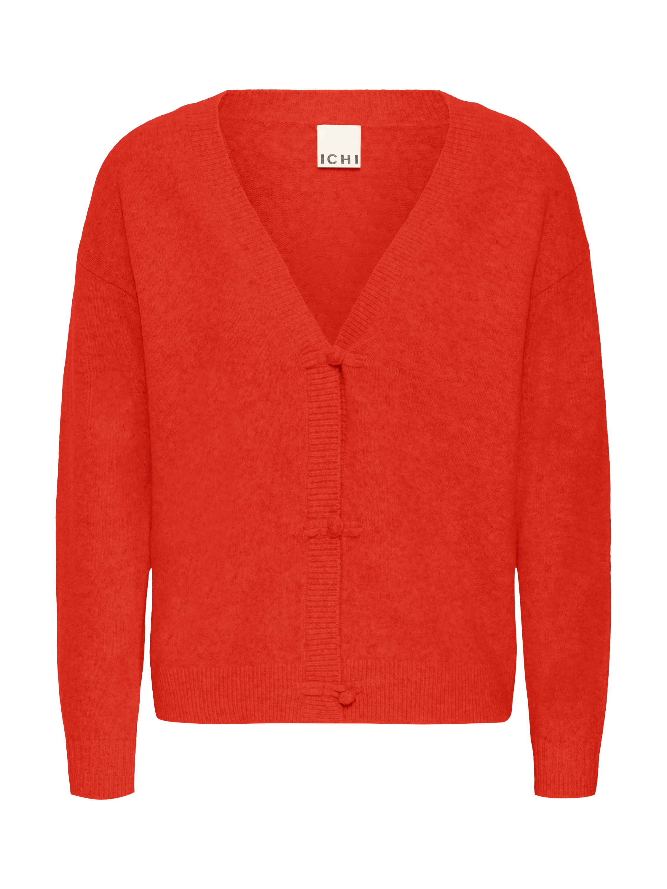 Product image 5 of 7, which shows ICHI Dasila Tie Front V-Neck Cardigan, Fiery Red, XS