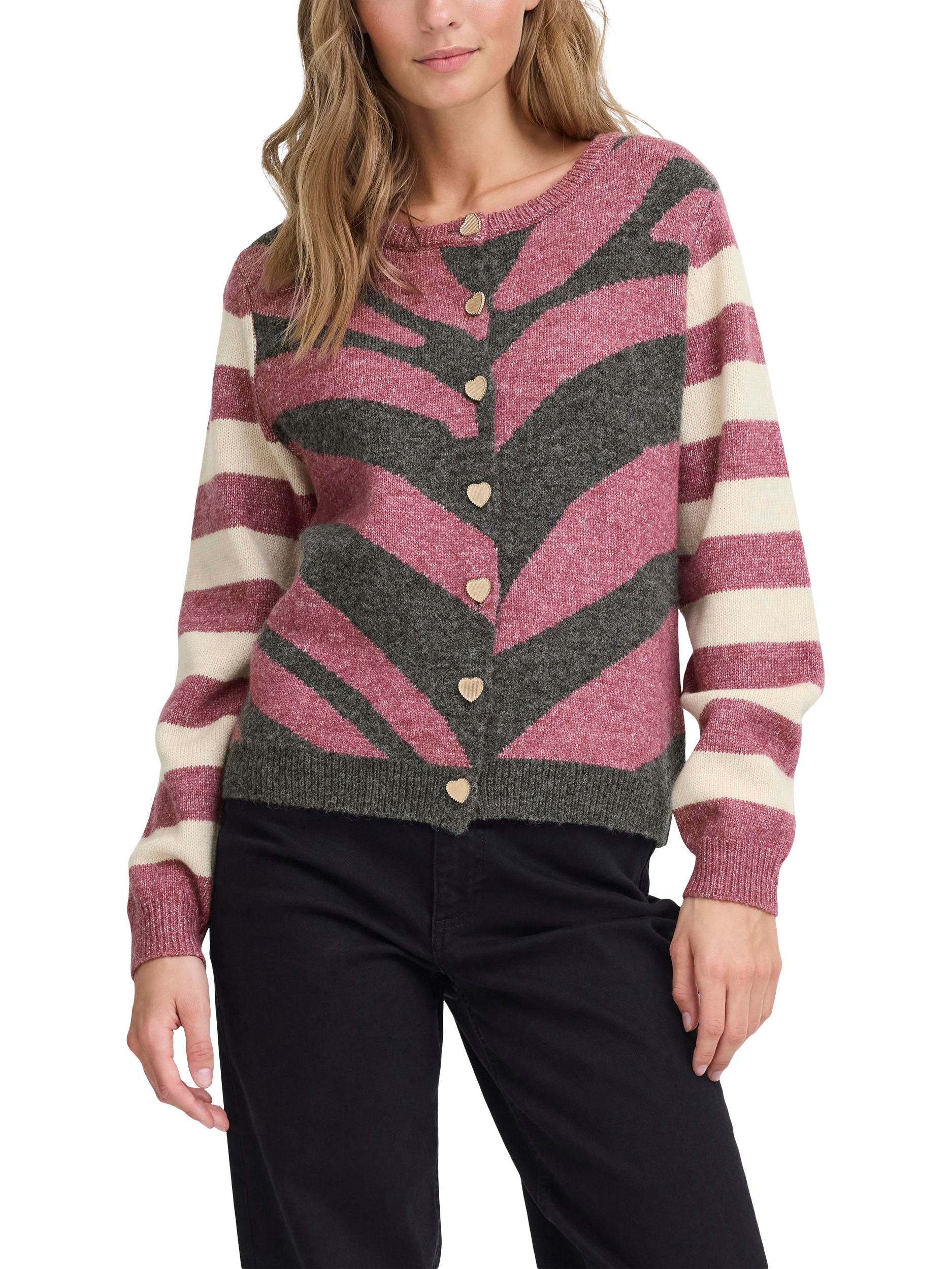Product image 1 of 7, which shows ICHI Livoni Stripe Round Neck Cardigan, Maroon/Multi, S
