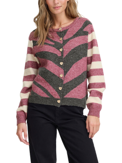 ICHI Livoni Stripe Round Neck Cardigan, Maroon/Multi