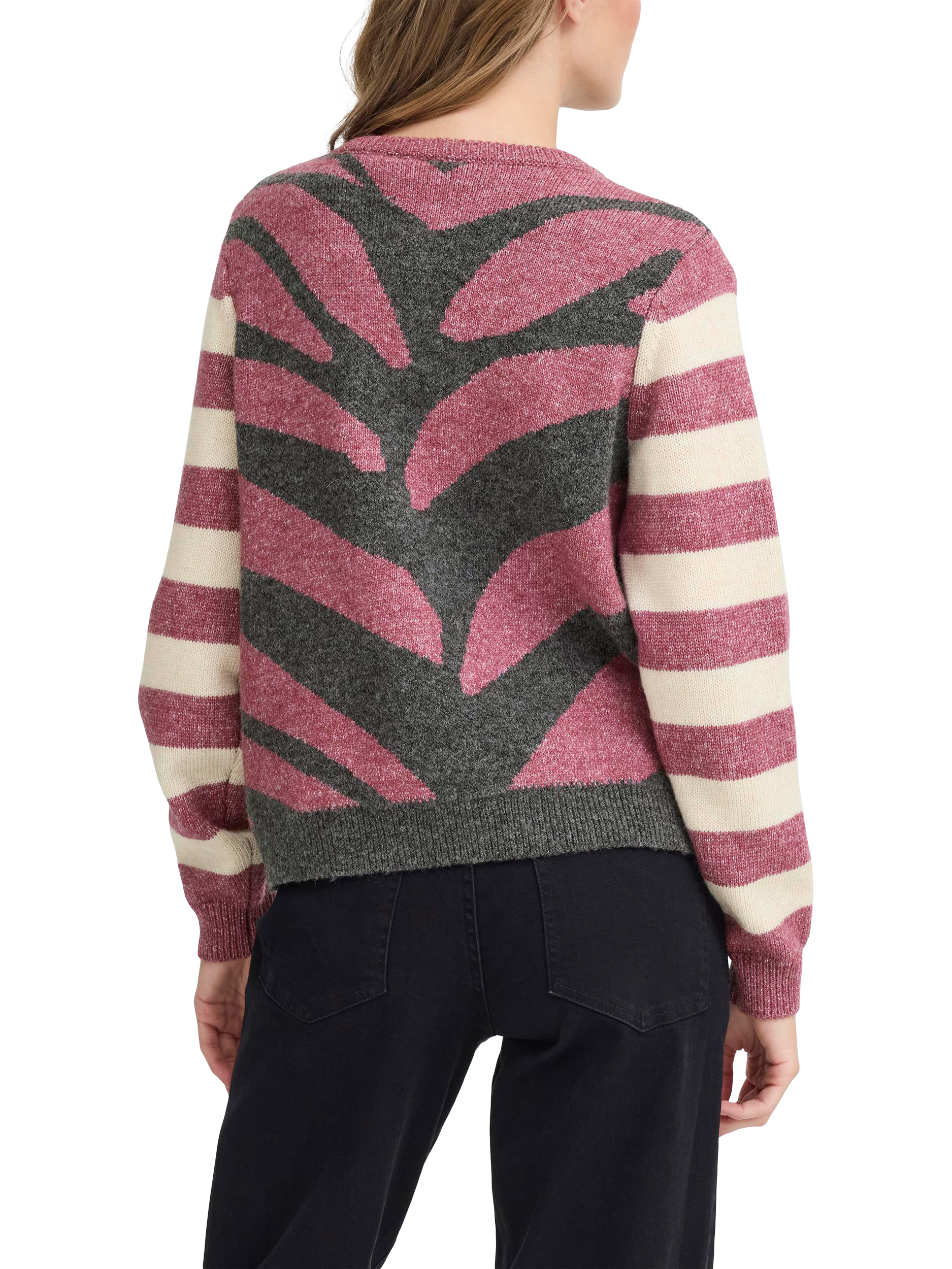 Product image 2 of 7, which shows ICHI Livoni Stripe Round Neck Cardigan, Maroon/Multi, S