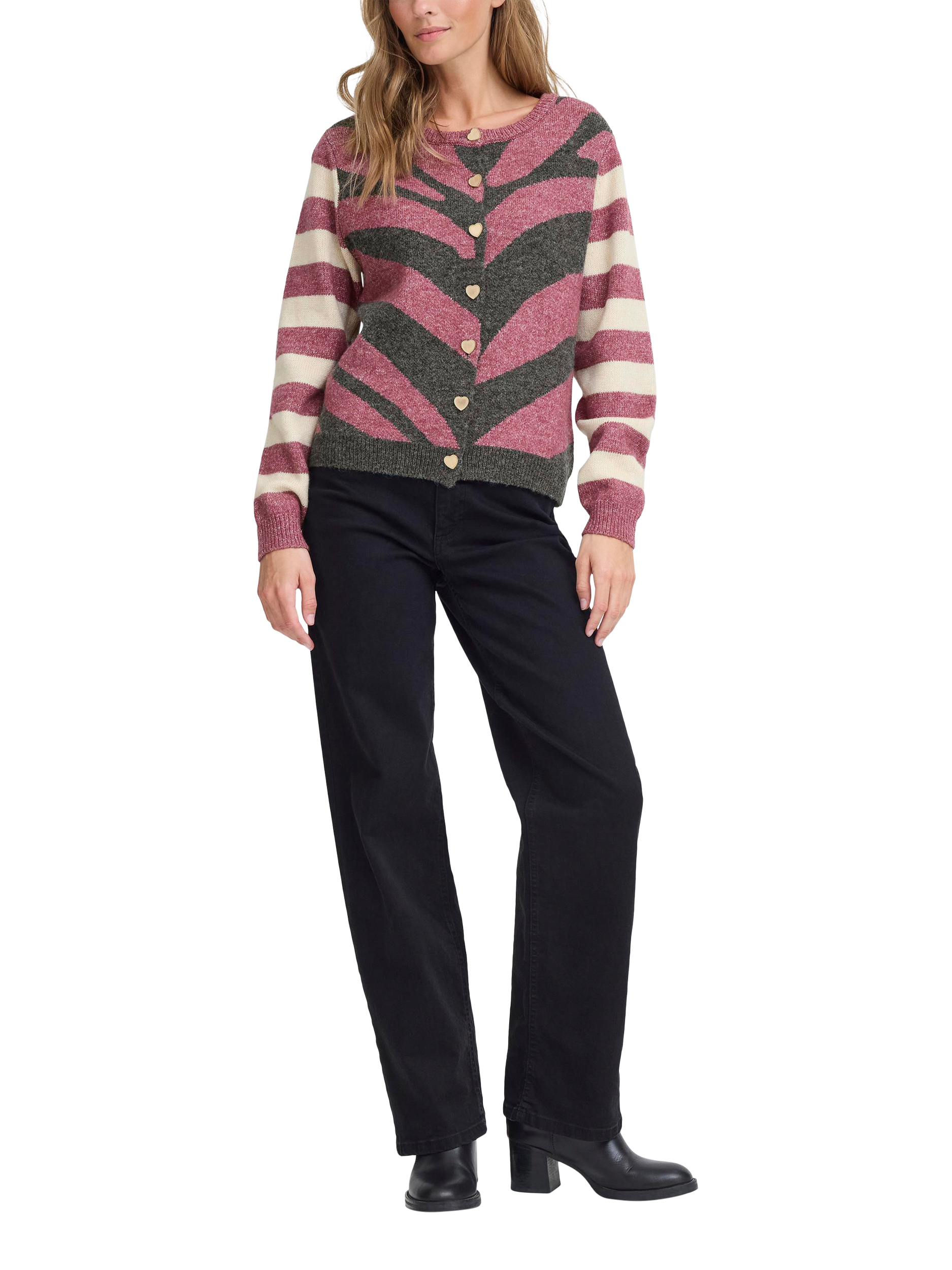 Product image 3 of 7, which shows ICHI Livoni Stripe Round Neck Cardigan, Maroon/Multi, S