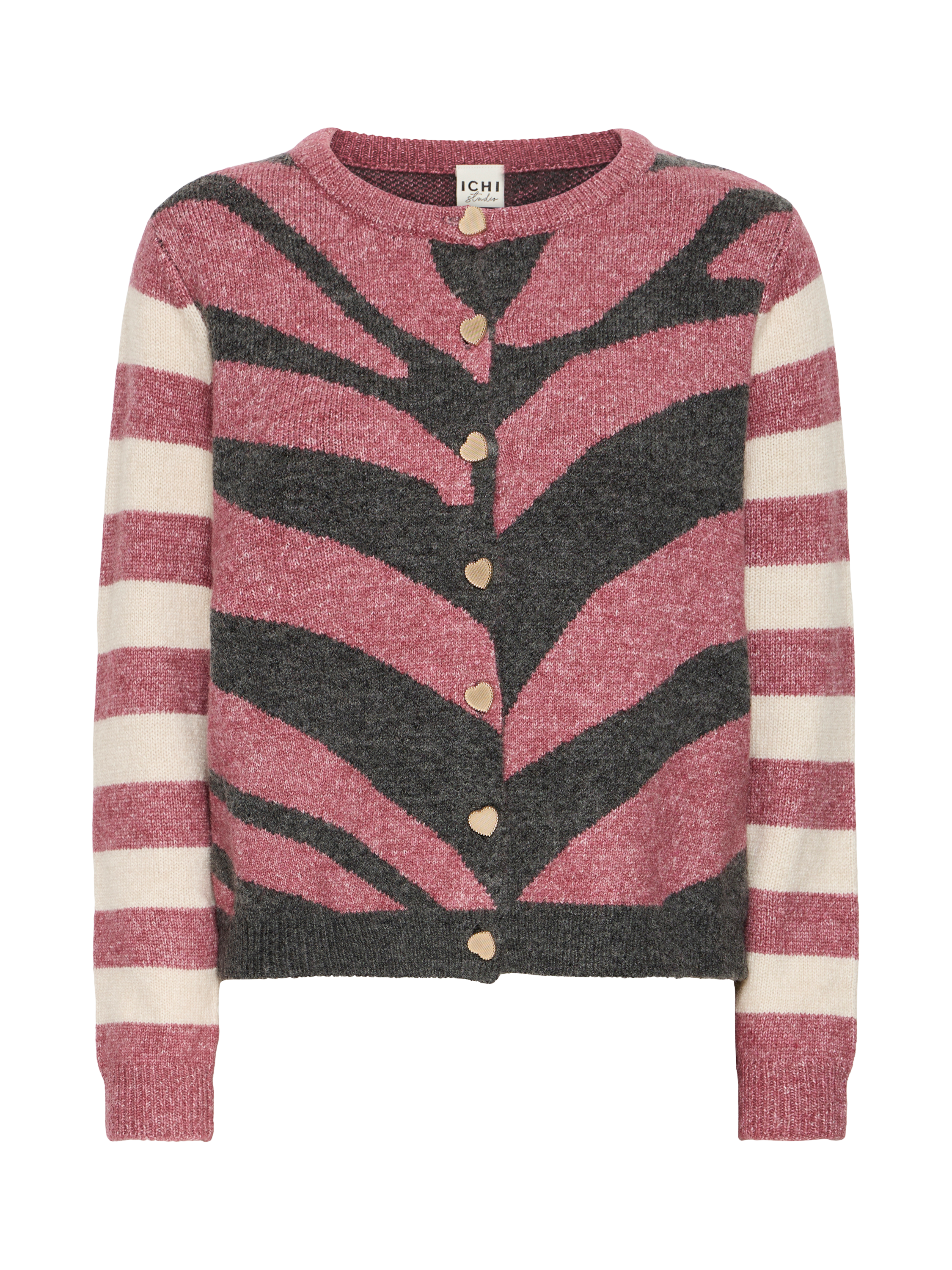 Product image 5 of 7, which shows ICHI Livoni Stripe Round Neck Cardigan, Maroon/Multi, S