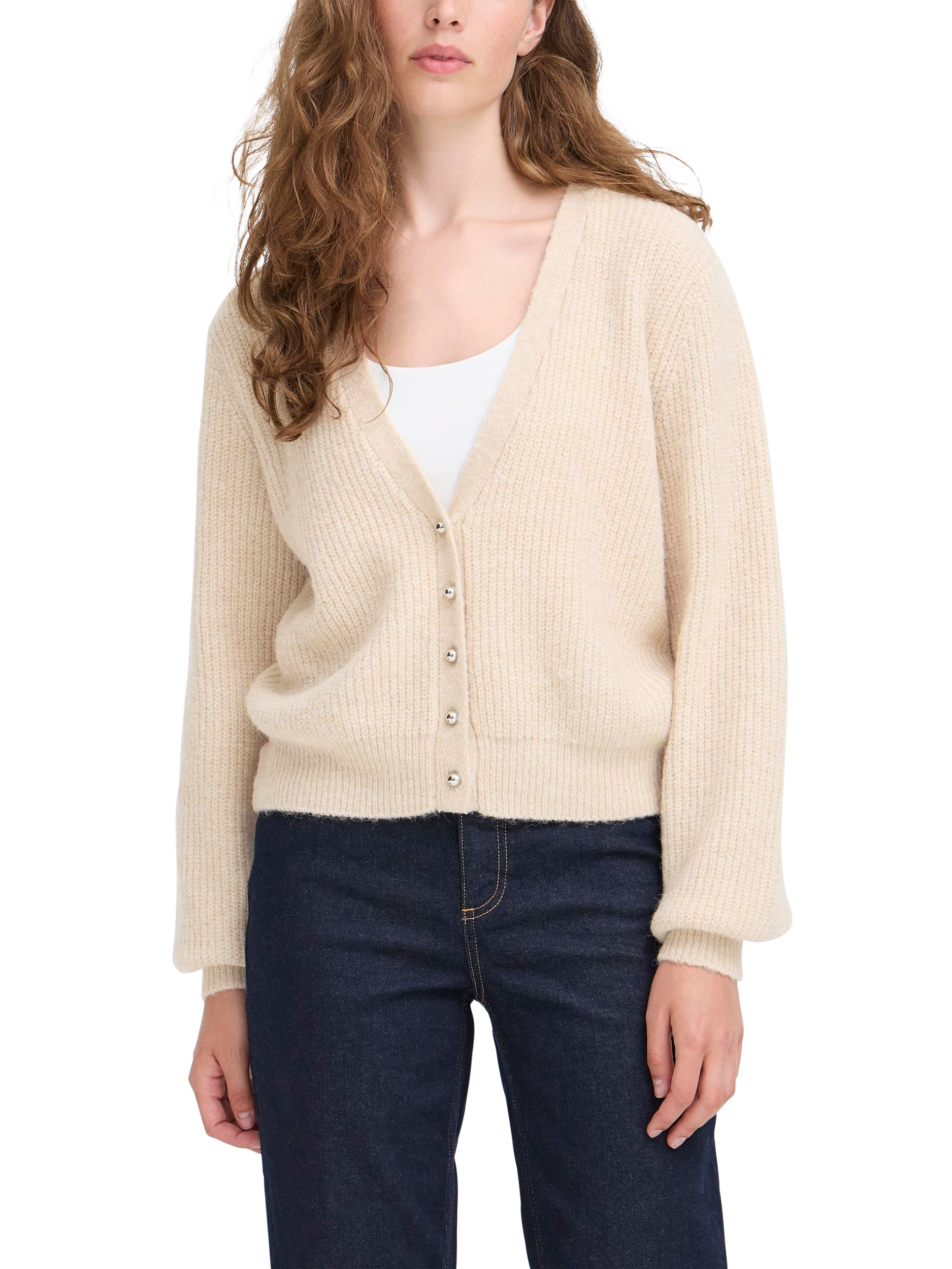 Product image 1 of 7, which shows ICHI Marin Wool Blend V Neck Cardigan, Sandshell Melange, M
