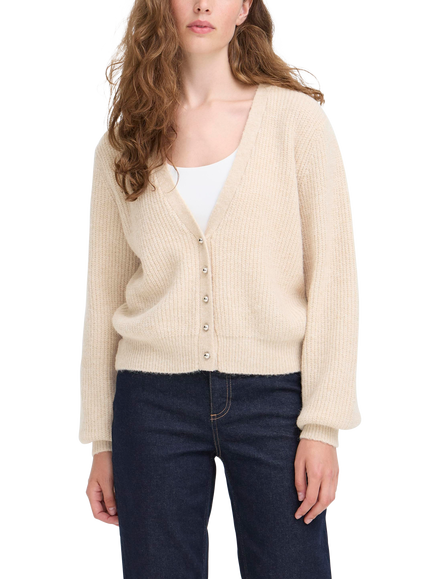 ICHI Marin Wool Blend V Neck Cardigan, Sandshell Melange