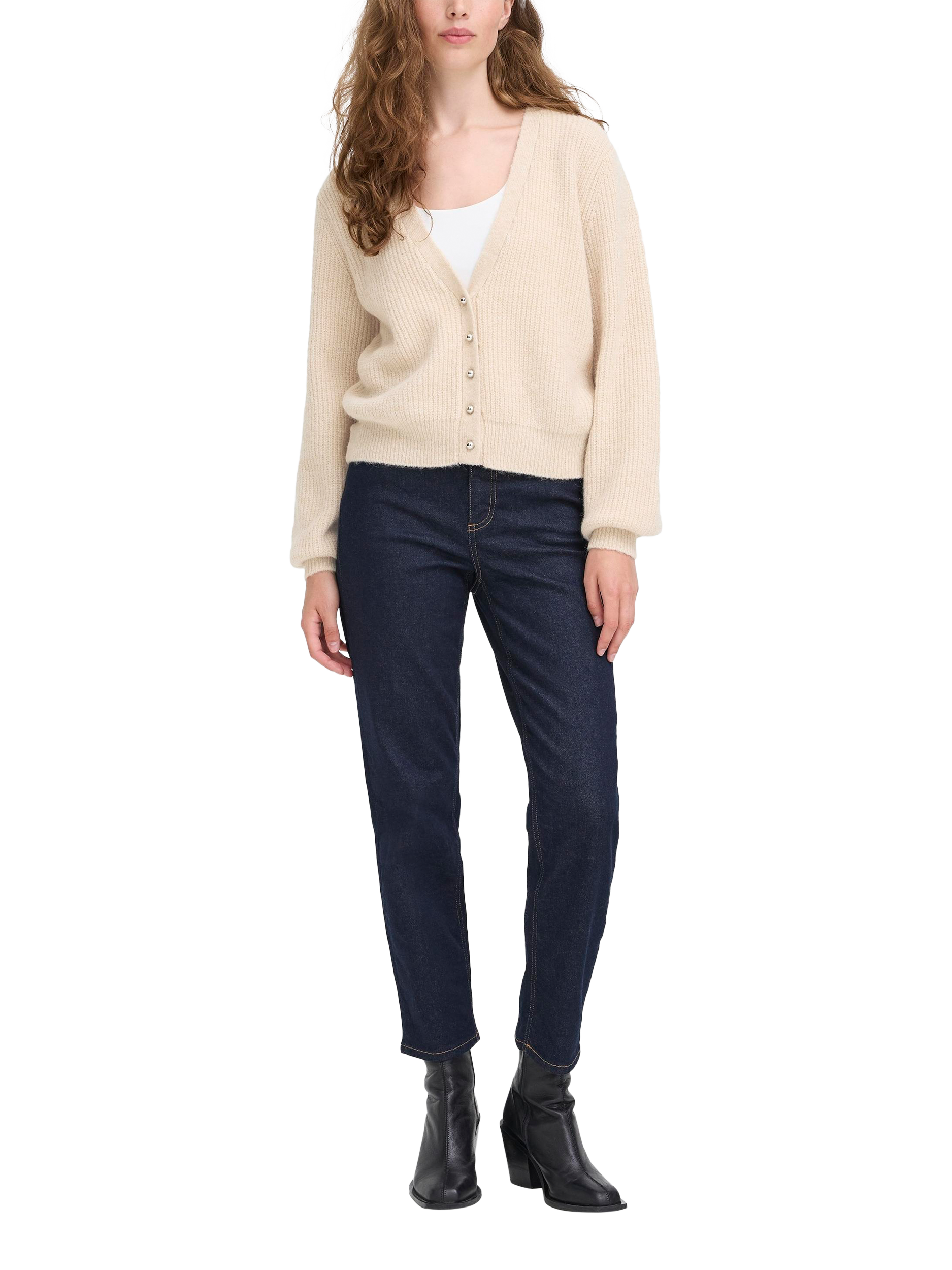 Product image 3 of 7, which shows ICHI Marin Wool Blend V Neck Cardigan, Sandshell Melange, M