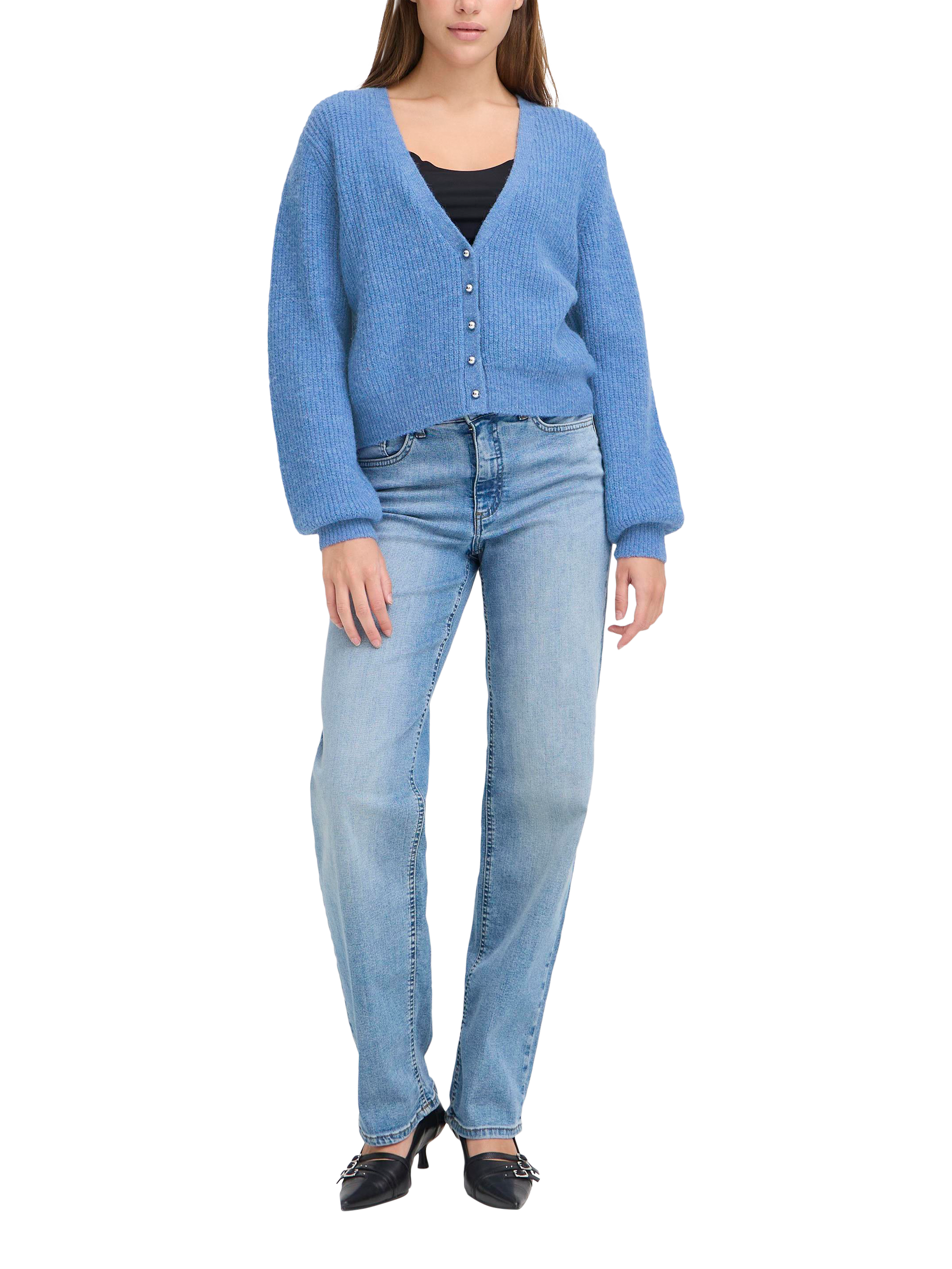 Product image 3 of 7, which shows ICHI Marin Wool Blend V Neck Cardigan, Blue Yonder, XS