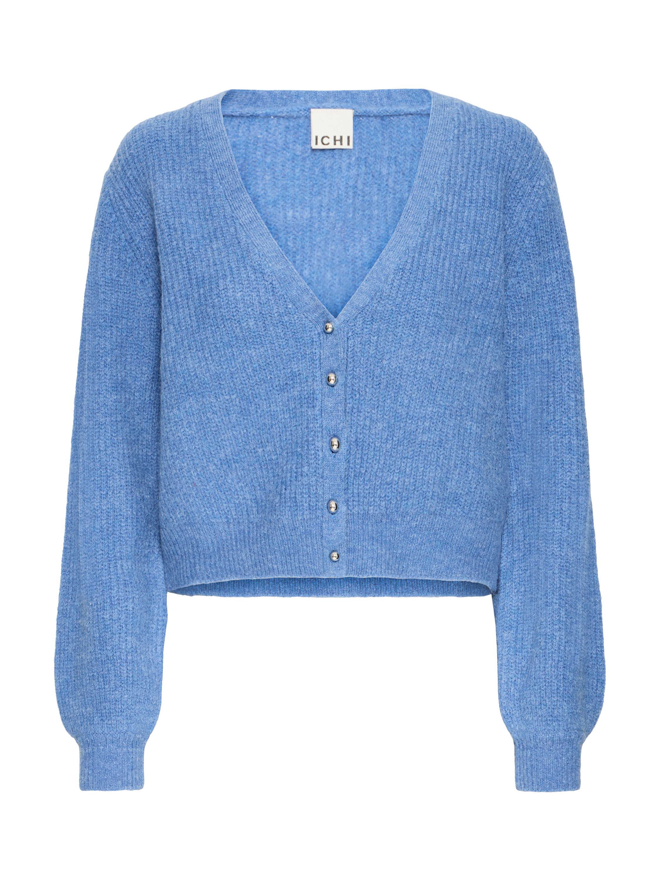 Product image 5 of 7, which shows ICHI Marin Wool Blend V Neck Cardigan, Blue Yonder, XS