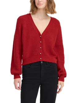 ICHI Marin Wool Blend V Neck Cardigan, Red Dahlia Melange