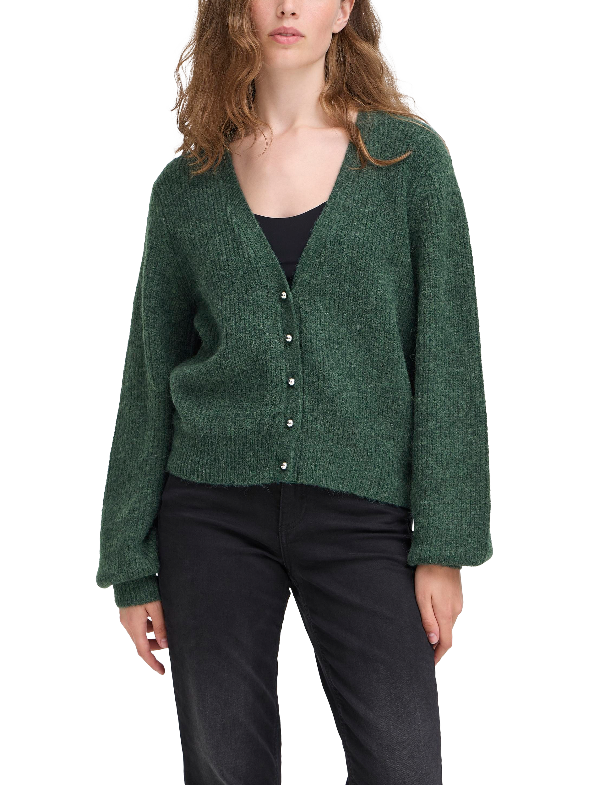 Product image 1 of 7, which shows ICHI Marin Wool Blend V Neck Cardigan, Pineneedle, S