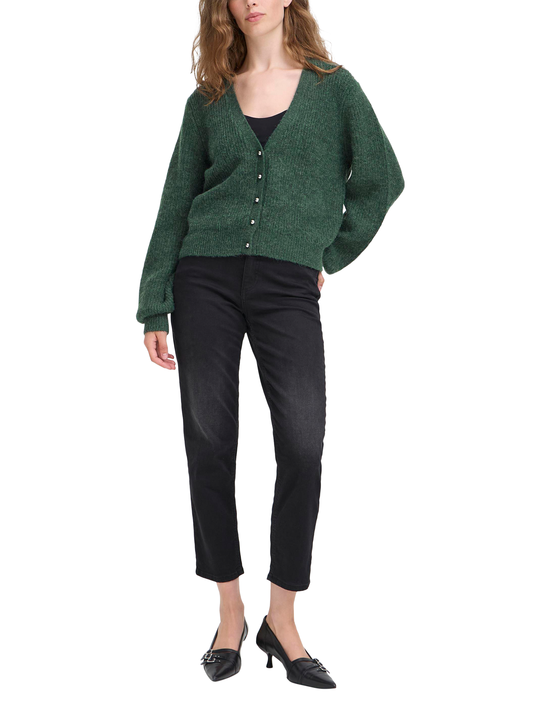 Product image 3 of 7, which shows ICHI Marin Wool Blend V Neck Cardigan, Pineneedle, S