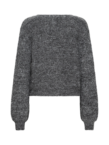 ICHI Marin Wool Blend V Neck Cardigan - view 2, Dark Grey Melange