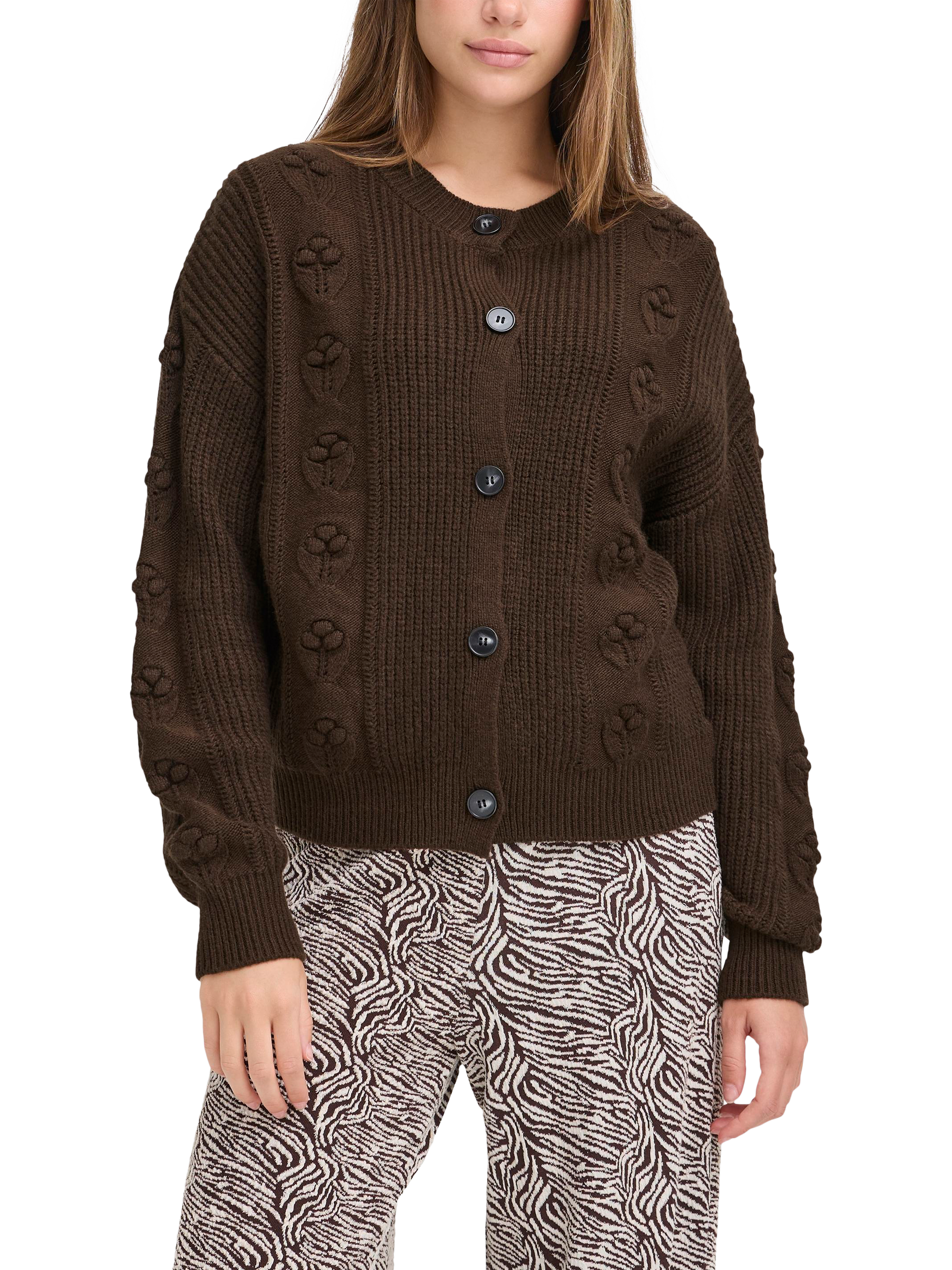 Product image 1 of 7, which shows ICHI Mylle Crew Neck Chunky Cardigan, Coffee Bean, XS