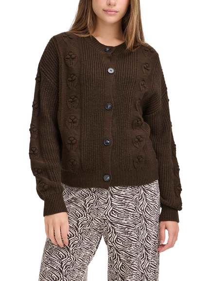 ICHI Mylle Crew Neck Chunky Cardigan, Coffee Bean