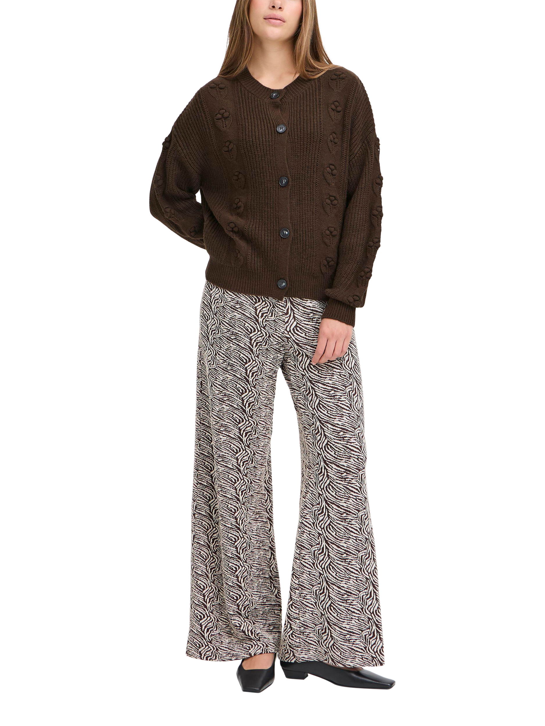 Product image 3 of 7, which shows ICHI Mylle Crew Neck Chunky Cardigan, Coffee Bean, XS