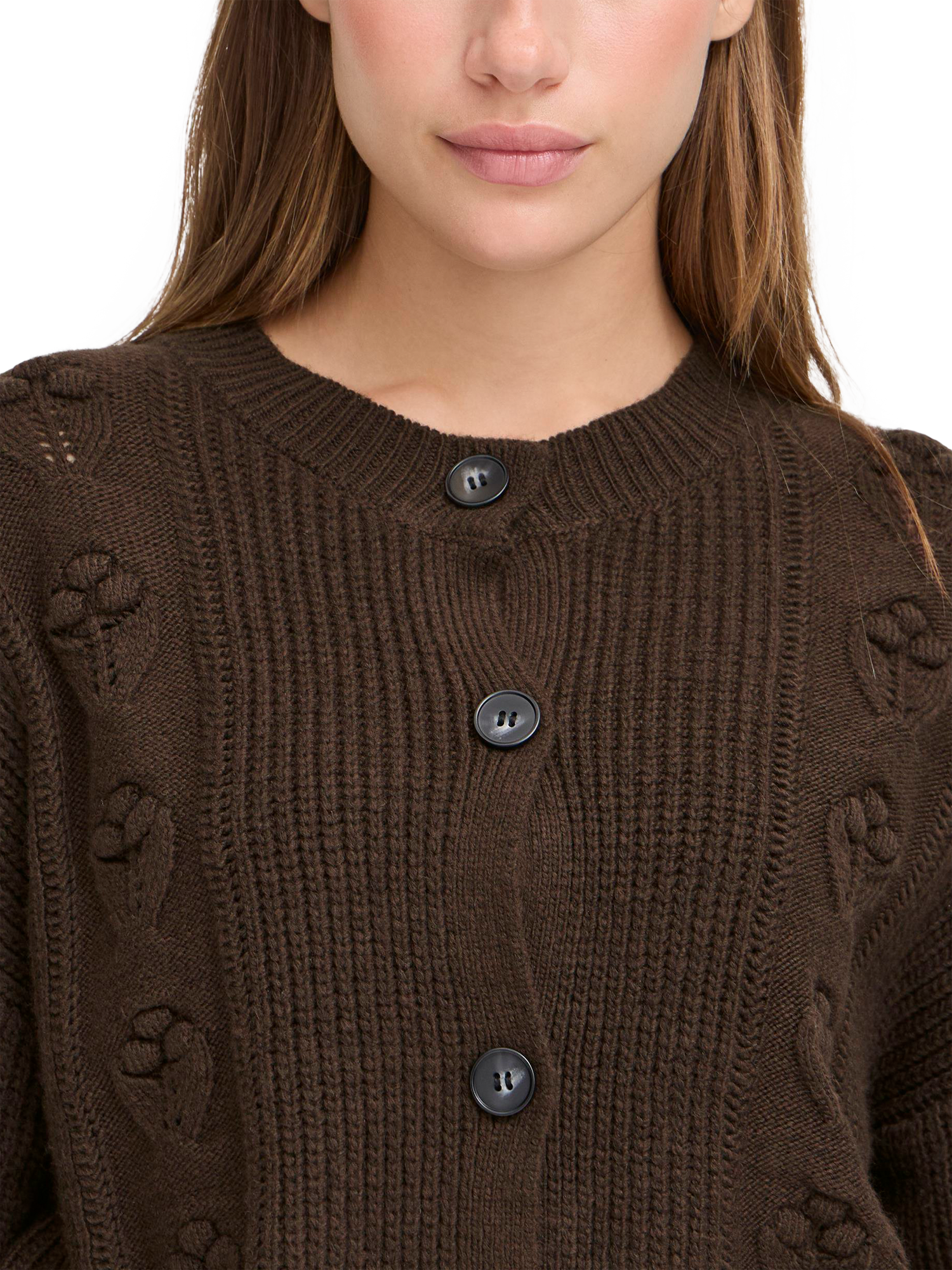Product image 4 of 7, which shows ICHI Mylle Crew Neck Chunky Cardigan, Coffee Bean, XS