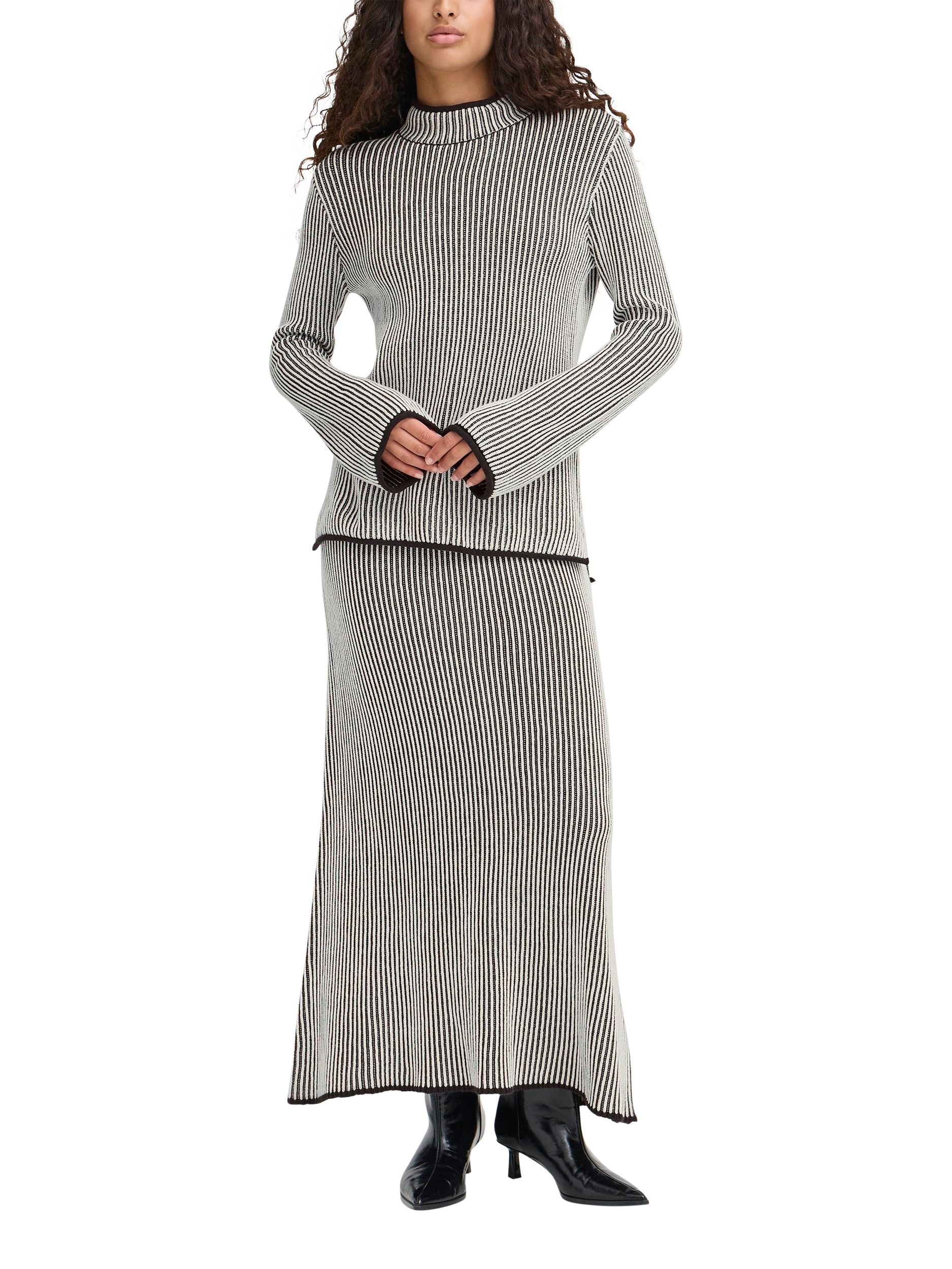 Product image 3 of 7, which shows ICHI Danuta Cotton Stripe High Neck Jumper, Black, L