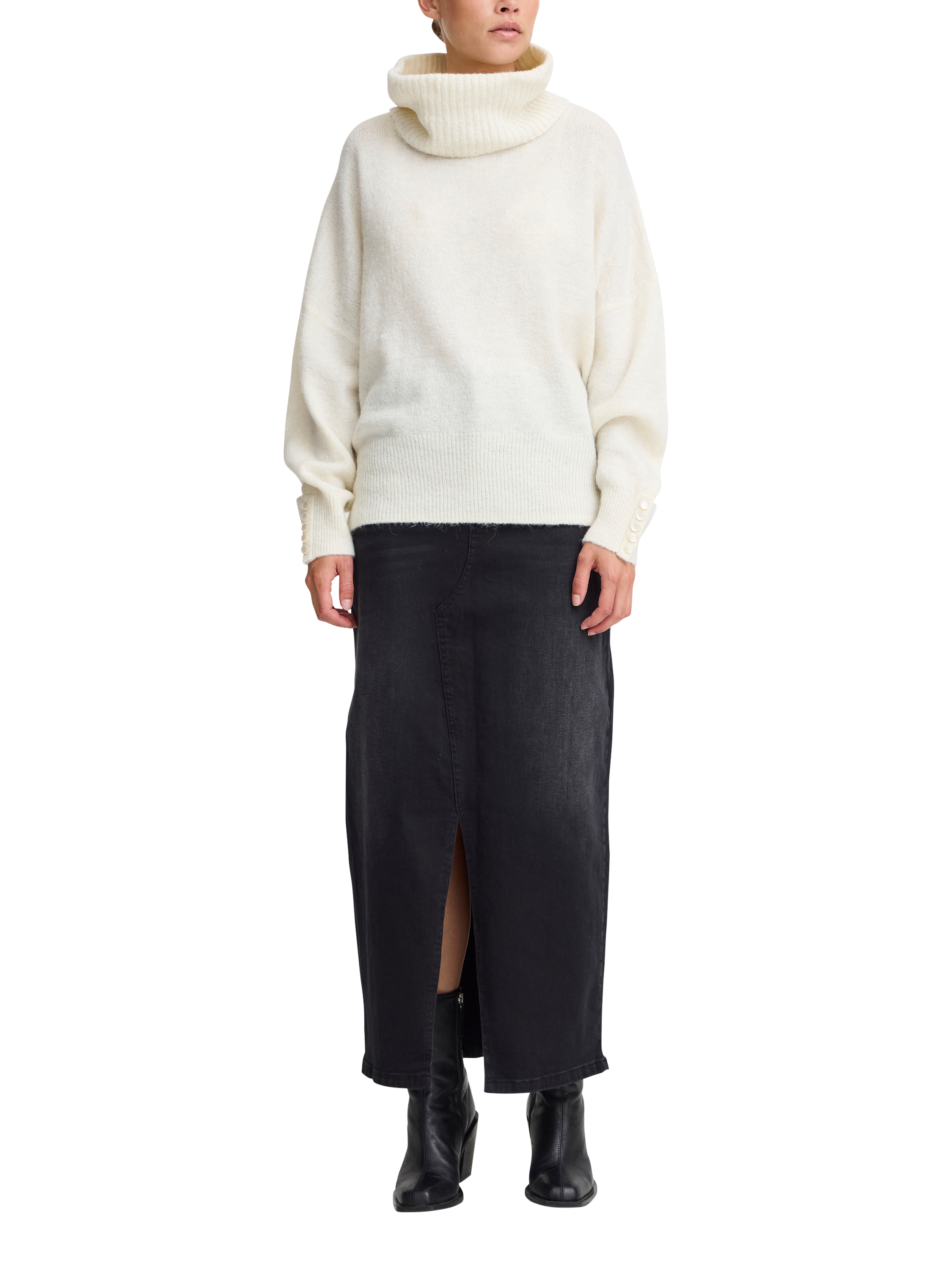 Product image 3 of 7, which shows ICHI Kamara Long Sleeve Roll Neck Knit Jumper , Cloud Dancer, XS