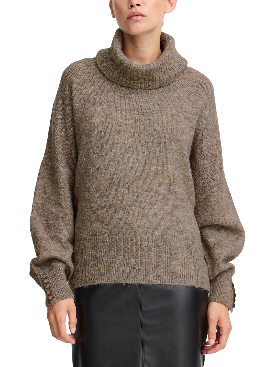Product image 1 of 7, which shows ICHI Kamara Long Sleeve Roll Neck Knit Jumper , Fungi, XS
