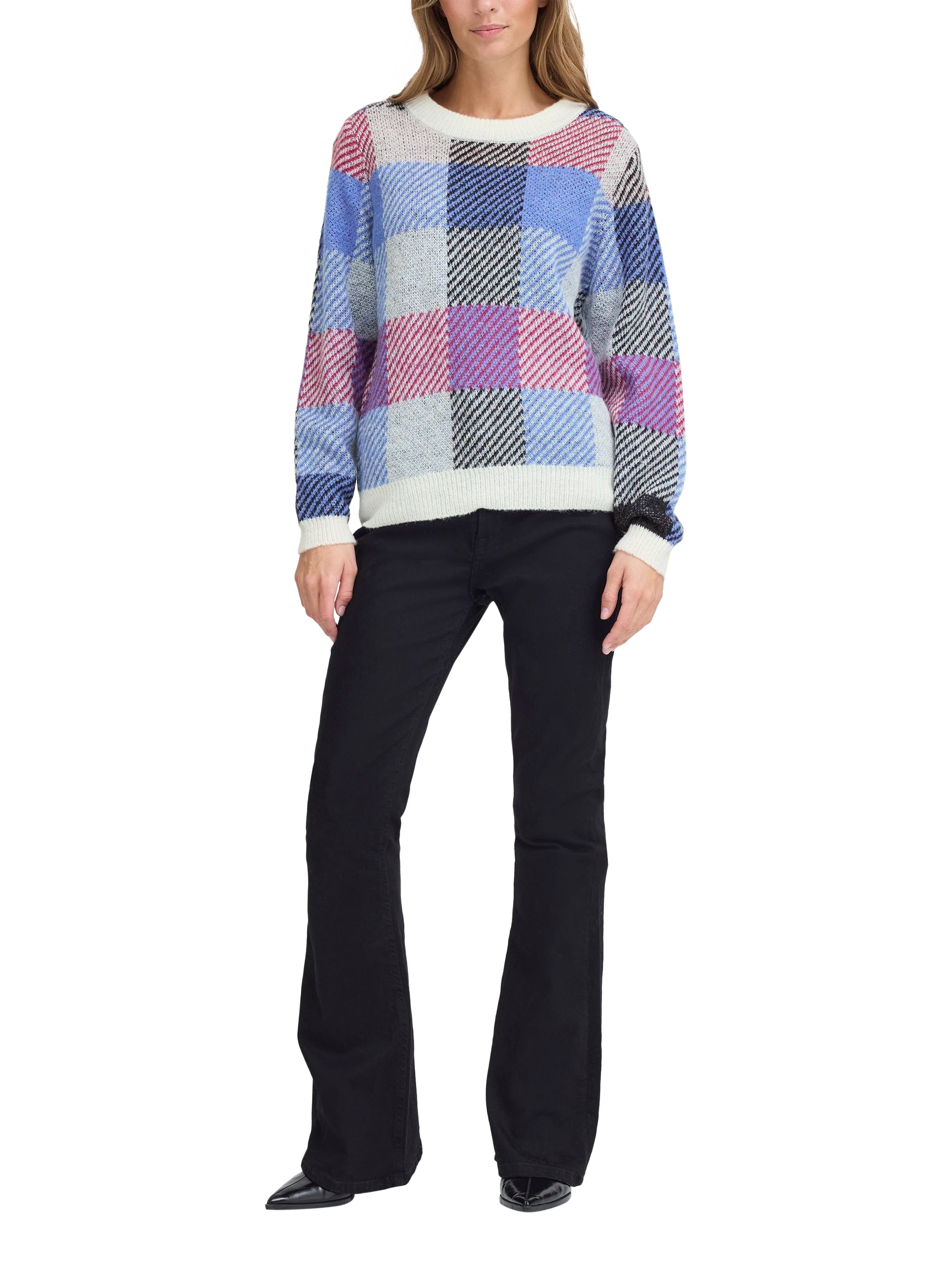 Product image 3 of 7, which shows ICHI Mecks Check Crew Neck Jumper, Blue/Multi, XS