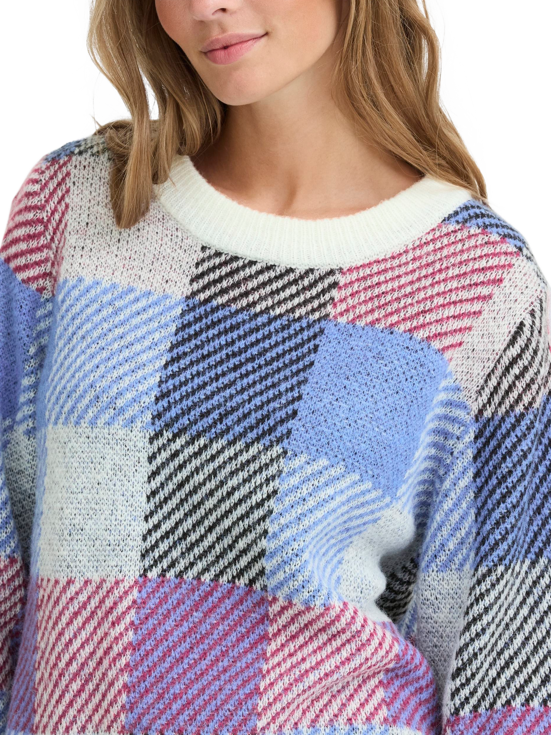 Product image 4 of 7, which shows ICHI Mecks Check Crew Neck Jumper, Blue/Multi, XS